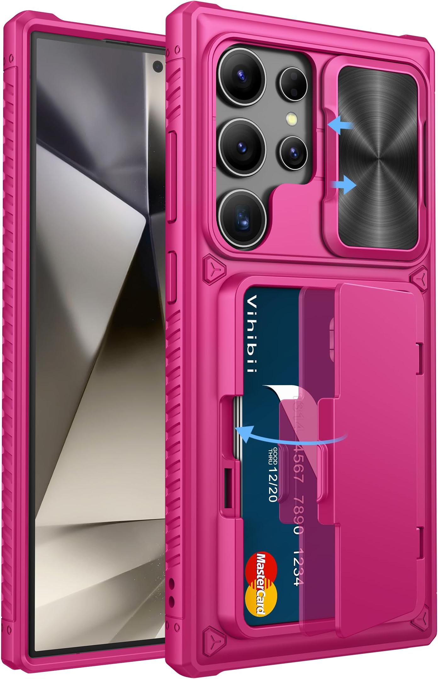 Samsung Galaxy S24 Ultra Case with Card Holder (4 Cards) and Sliding Camera Case and Kickstand Case, Shockproof Heavy Duty Hard Back and Soft Edge Wallet Case