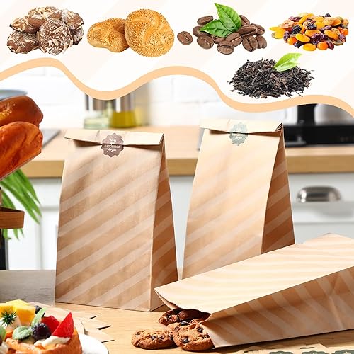 Miniatura 6 de 300 bolsas de almuerzo de papel a granel de 4.5 libras, bolsas de papel marrón con calcomanías, bolsas de papel a rayas para aperitivos, bolsa de