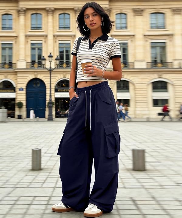 Bakyarder Women’s Baggy Cargo Pants,Y2K Barrel Wide Leg Streetwear Trousers with Elastic Drawstring Waist Navy Blue X-Large by Bakyarder - Used condition - Image 5