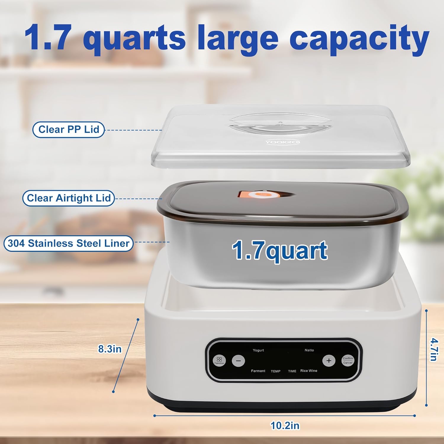 1.7-Quart Yogurt Maker with Adjust Temp(21°C-48°C/70°F-118°F) & Time(1-99h),110V-240V Auto-adaptive,Steel Inner Pot,BPA-free,Celsius Increment,Real-Time Countdown LED Display (Without GLass Jars)