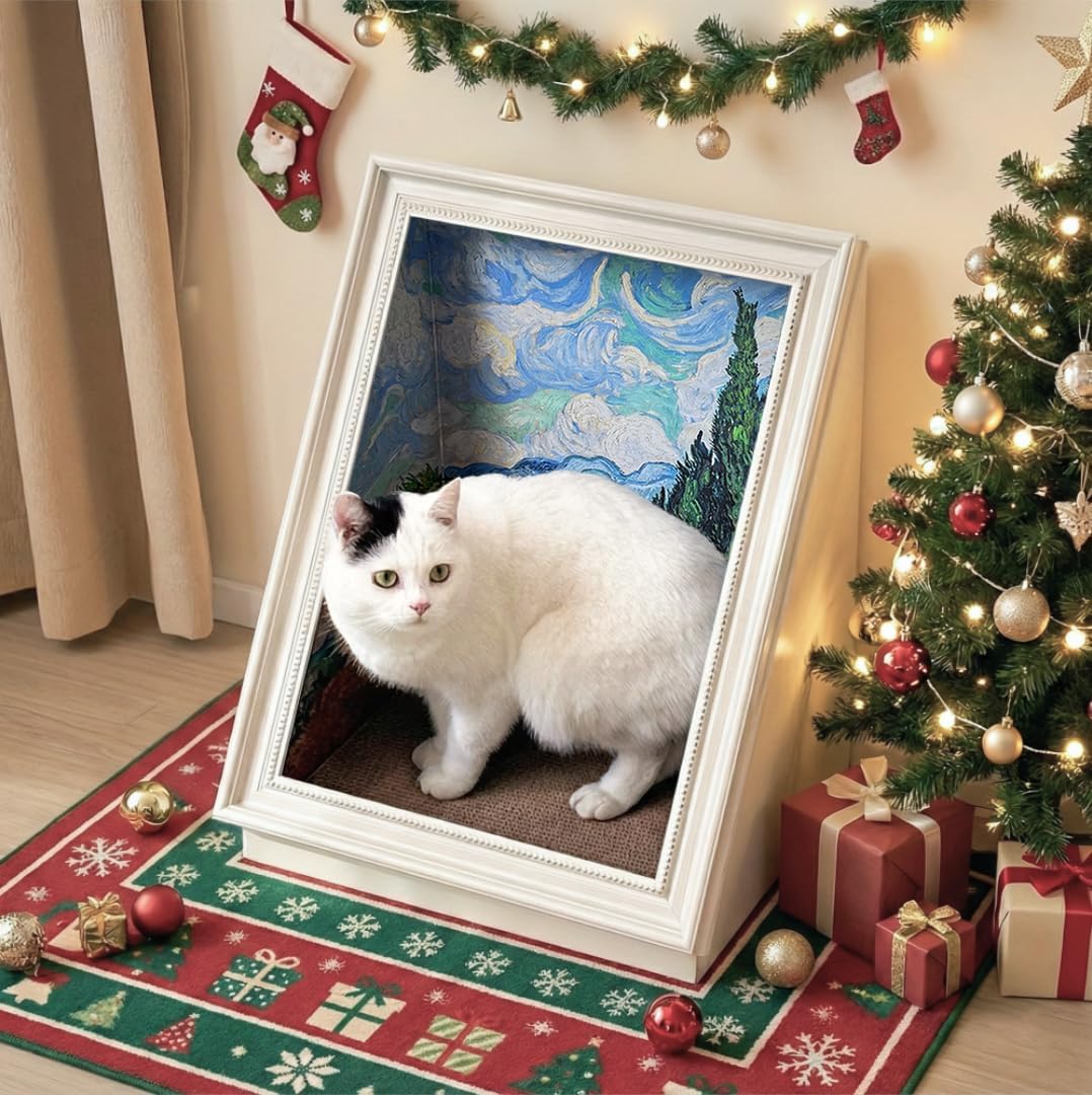PETKARAY Art Frame Cat Scratch House, Oil Painting Kitty Scratcher Cardboard House, Large Cat Cave with Replaceable Scratching Boards Frame Cat House B