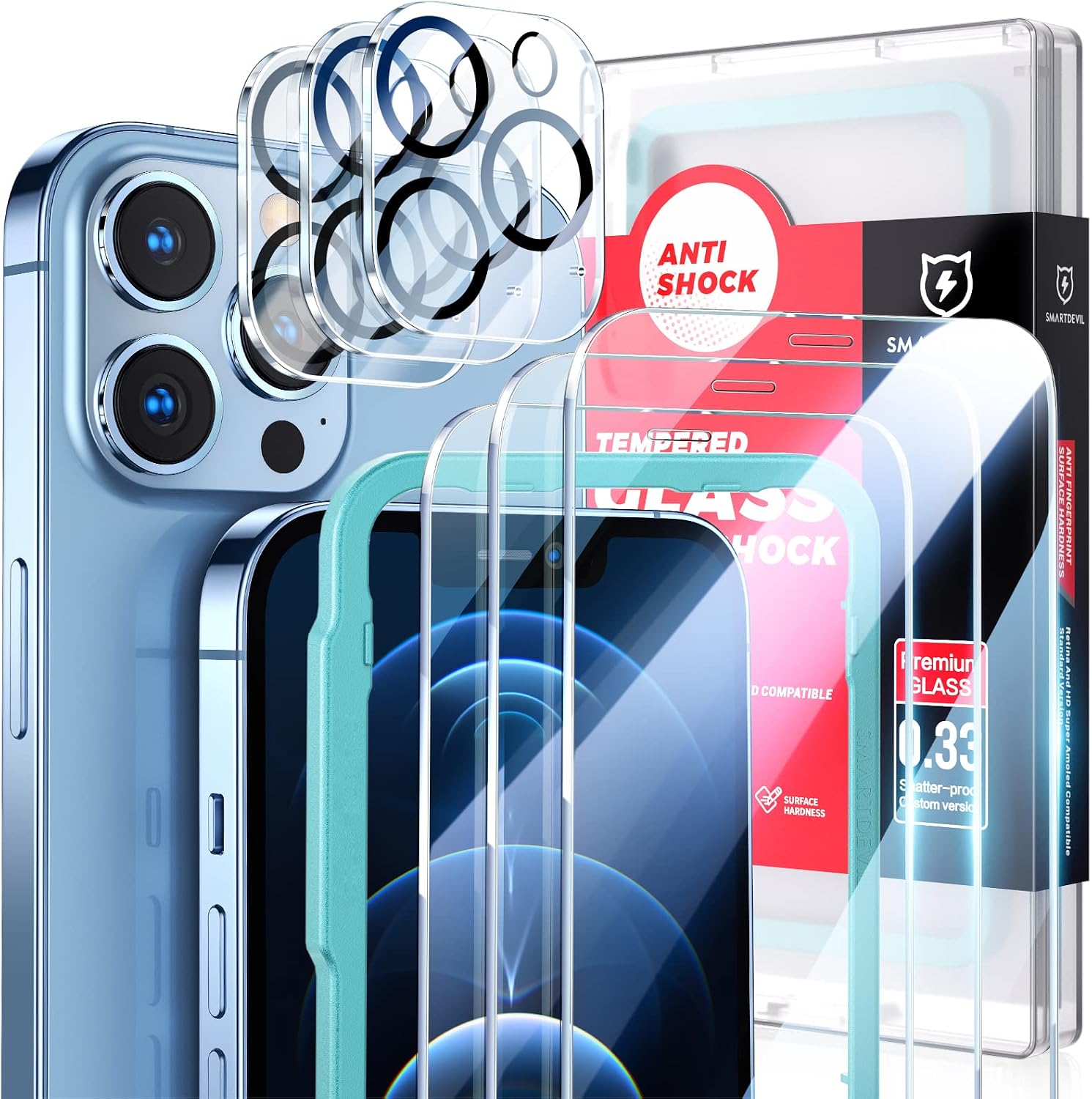 SmartDevil 3 Pack Glass Screen Protector for iPhone 12 Pro Max 6.7 Inch with 3 Pack Camera Lens Protector, [10X Military Grade Shatterproof] HD Bubble Free 9H Tempered Film, Easy Installation Frame