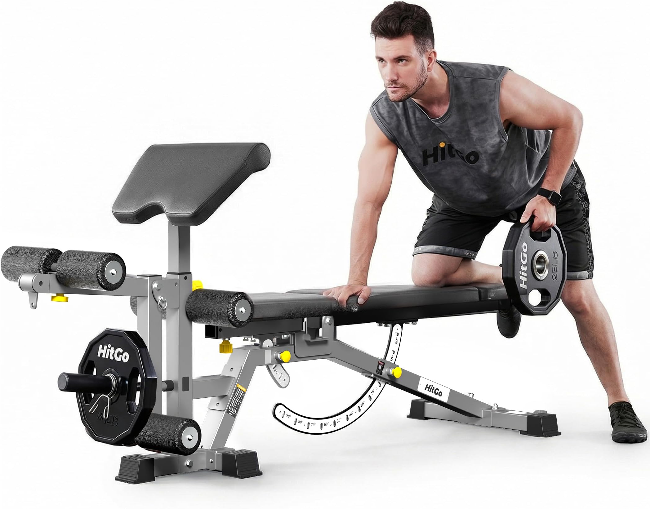 Adjustable Weight Bench with Preacher Curl and Leg Extension, Multi-Angle Backrest and Seat, Heavy-Duty Design with Built-In Transport Wheels, Reinforced 50×70mm Steel Structure