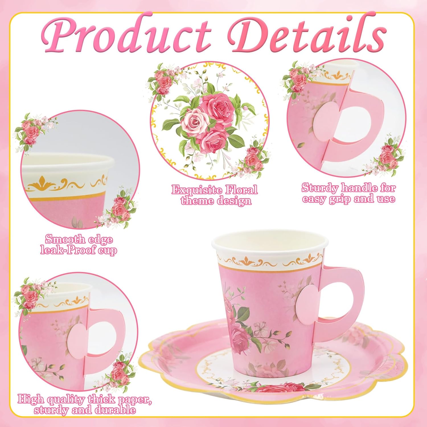 200Pcs Floral Tea Cups and Saucers for Tea Party Supplies, Disposable Tea Cups with Handle and Paper Napkins Dinnerware for Floral Theme Birthday Wedding Bridal Shower Baby Shower（Pink）