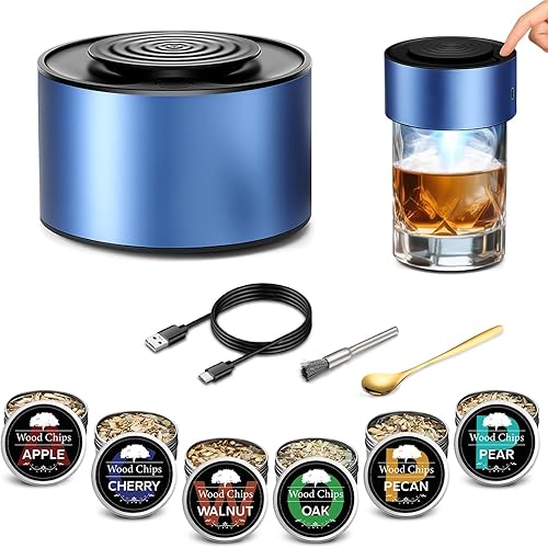 Kit de ahumador eléctrico de whisky, ahumador de cóctel recargable con encendedor integrado, 6 chips de madera, carga USB, ahumador de bebidas y