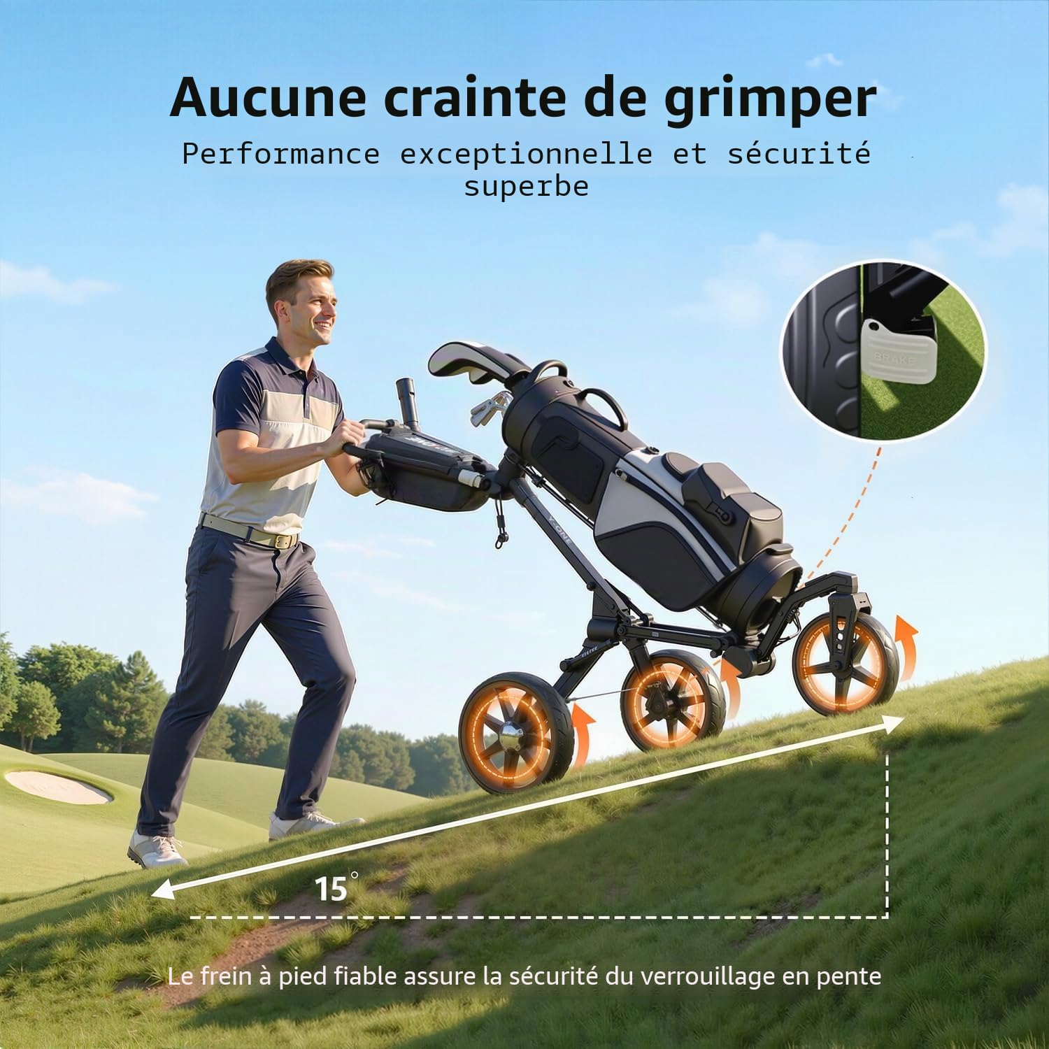 Chariot de golf pliable à 3 roues, taille compacte, noir