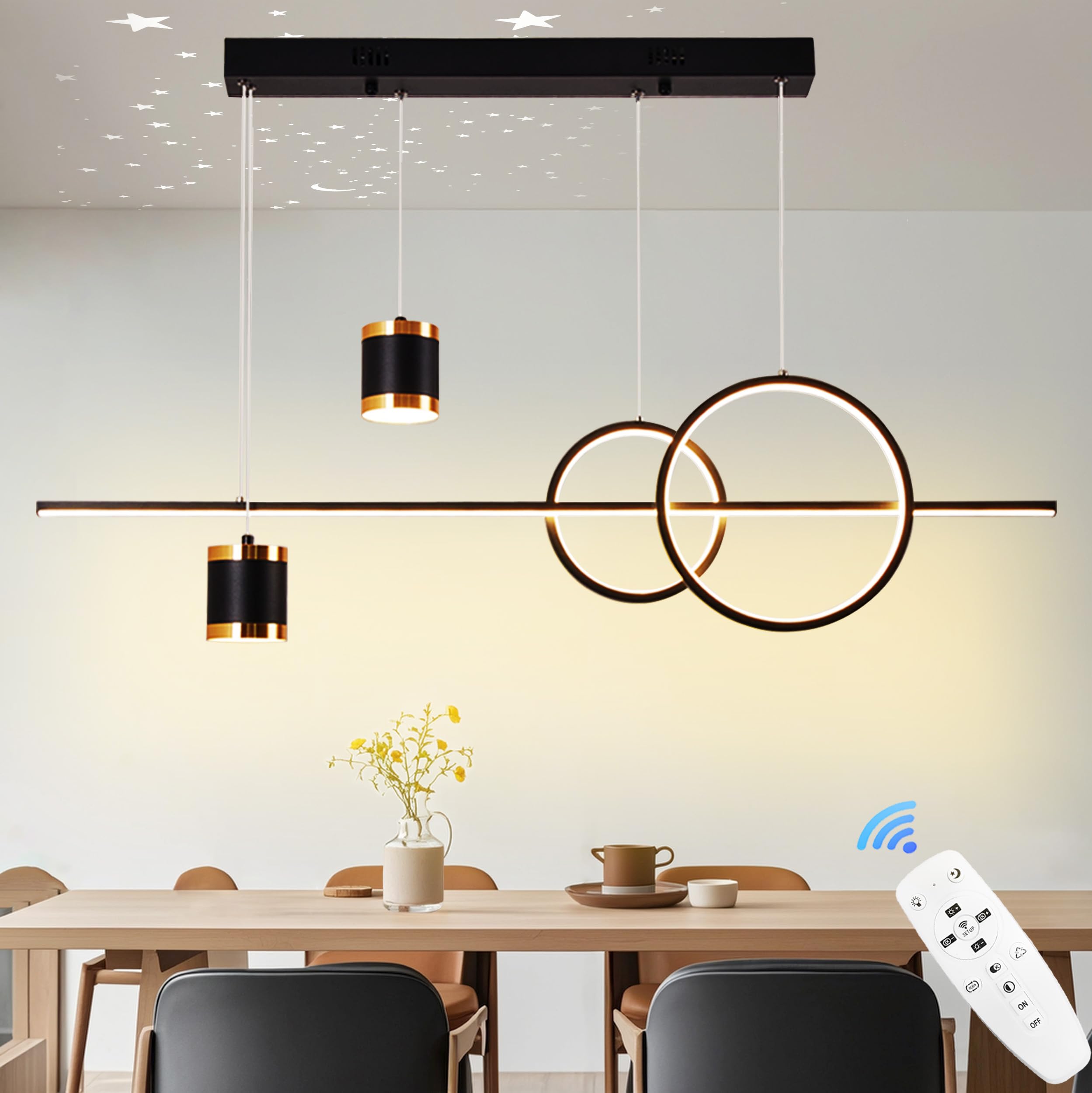 LED Pendelleuchte Esstisch, 49W Dimmbar Hängelampe mit Fernbedienung, Sternenhimmel Unabhängig Steuerbare Hängeleuchte, 120cm Höhenverstellbar Pendellampe, Für Esszimmer, Küche, Schwarz, 100cm