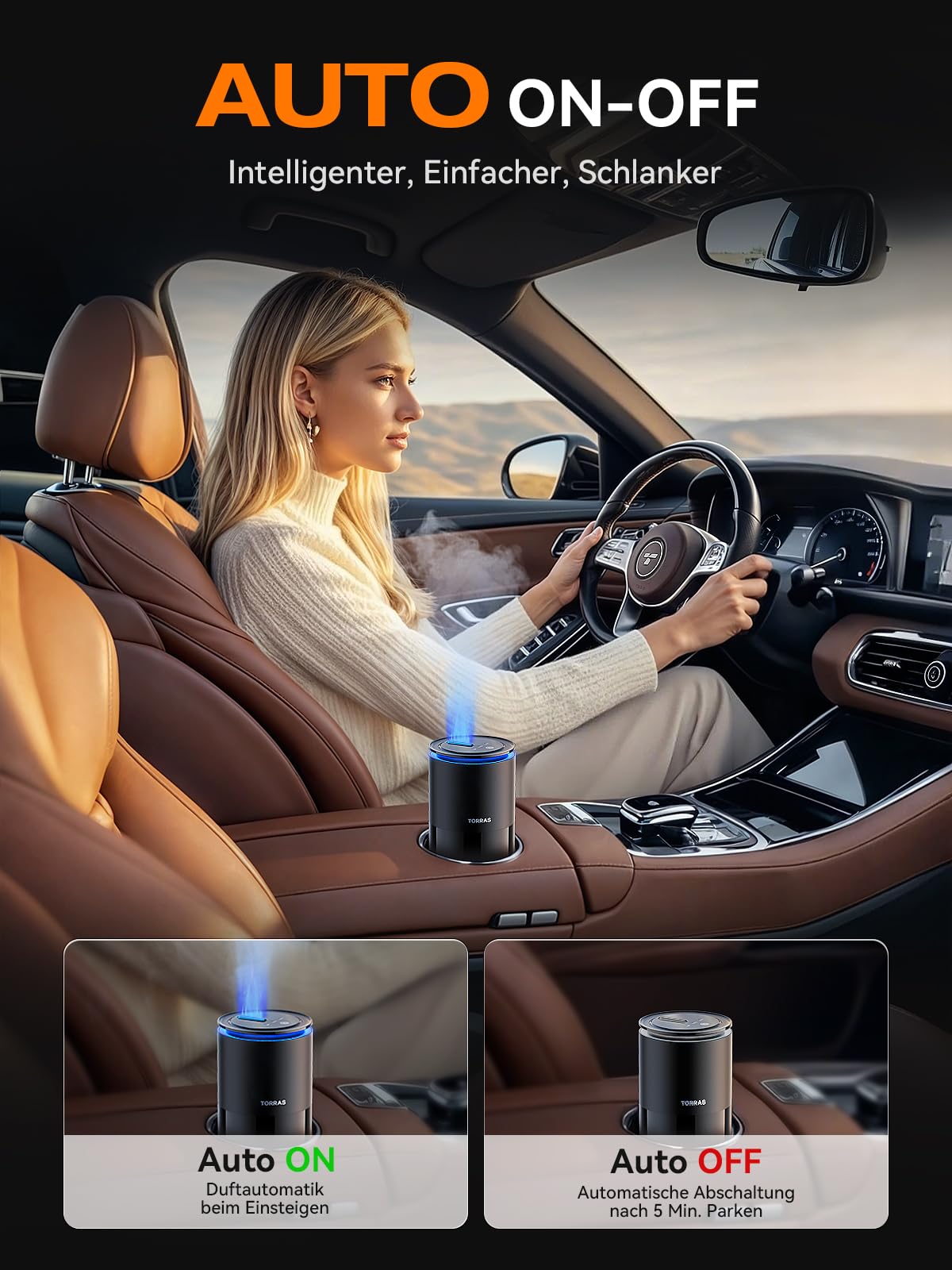 TORRAS CF12 Ambientador para coche, ventilador de alta velocidad para 1 s difusión de fragancia, función automática de encendido/apagado, intensidad ajustable de la fragancia, luz ambiental azul, 45
