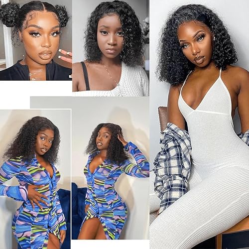 Miniatura 6 de Peluca de cabello humano ondulado de 14 pulgadas, encaje frontal de 13 x 4, pelucas de cabello humano brasileño rizado de densidad 150 para mujeres