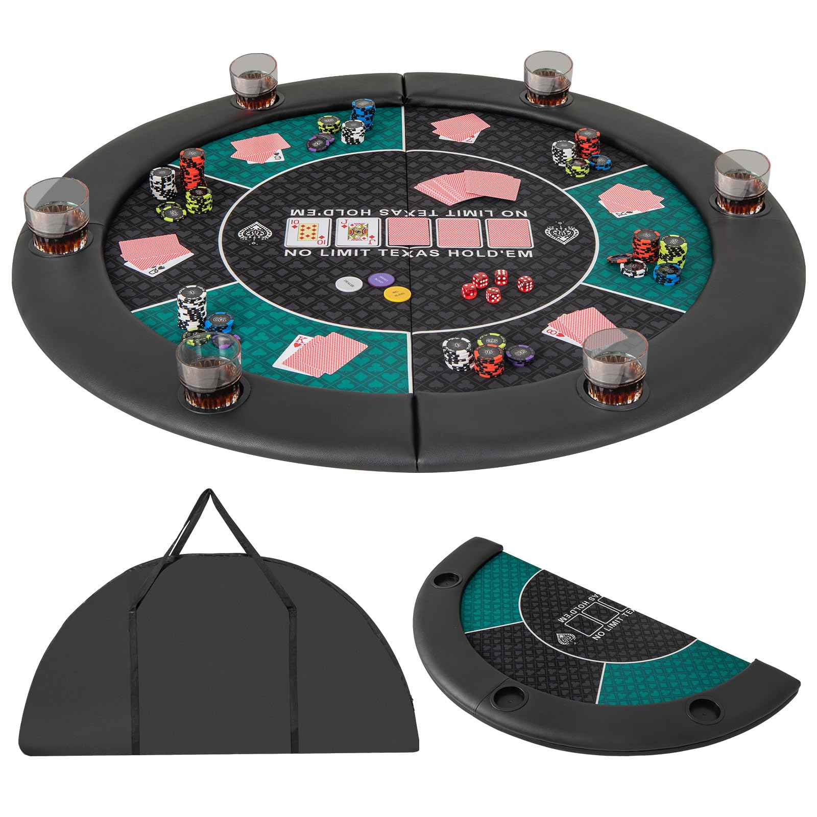 GYMAX 48 Inches Foldable Round Poker Table Top With Cup Holders, Padded Rails & Carrying Bag - 8-Player Texas Hold'em Mat Layout for Party Casino