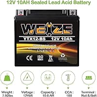 Vista 2 de Weize YTX12-BS - Batería de motocicleta de alto rendimiento, sin mantenimiento, sellada YTX12 BS AGM, baterías recargables ATV compatibles con Honda