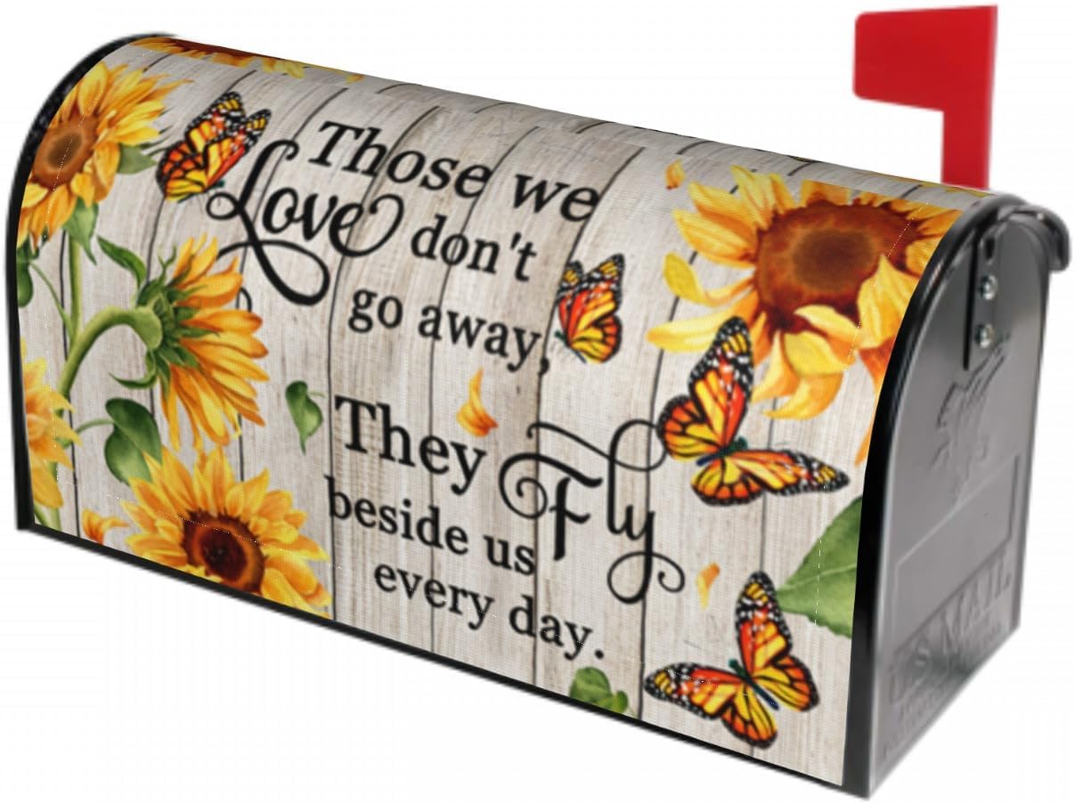 Sunflower Butterfly Mailbox Covers Magnetic- Spring Summer Large Size 25.5x21 Inch- Rustic Wood Memorial Mailbox Wrap Letter Post Cover Decoration for Yard Garden Outdoor Outside