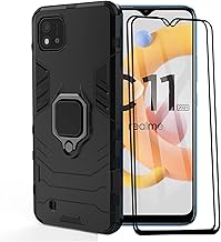 ESTH® Compatible with Realme C11 2021 Case with 2 Pack Tempered Glass [Durable] Ring Stand Case [for Mobile Phone Holder Car Magnet] Military Shockproof Mobile Phone Case, Black