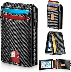 Carteira Slim Masculina Bloqueio RFID – Alumínio e Fibra de Carbono, Porta Cartões Minimalista, Compacta, Anti Clonagem, com Clipe de Dinheiro – Até 15 Cartões (Porta cartões-Mágico)