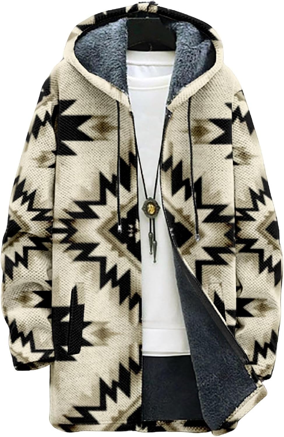 2025 Men's Ethnic Pattern Hooded Jacket Long Cardigan Hoodies Full Zip Vintage Knit...