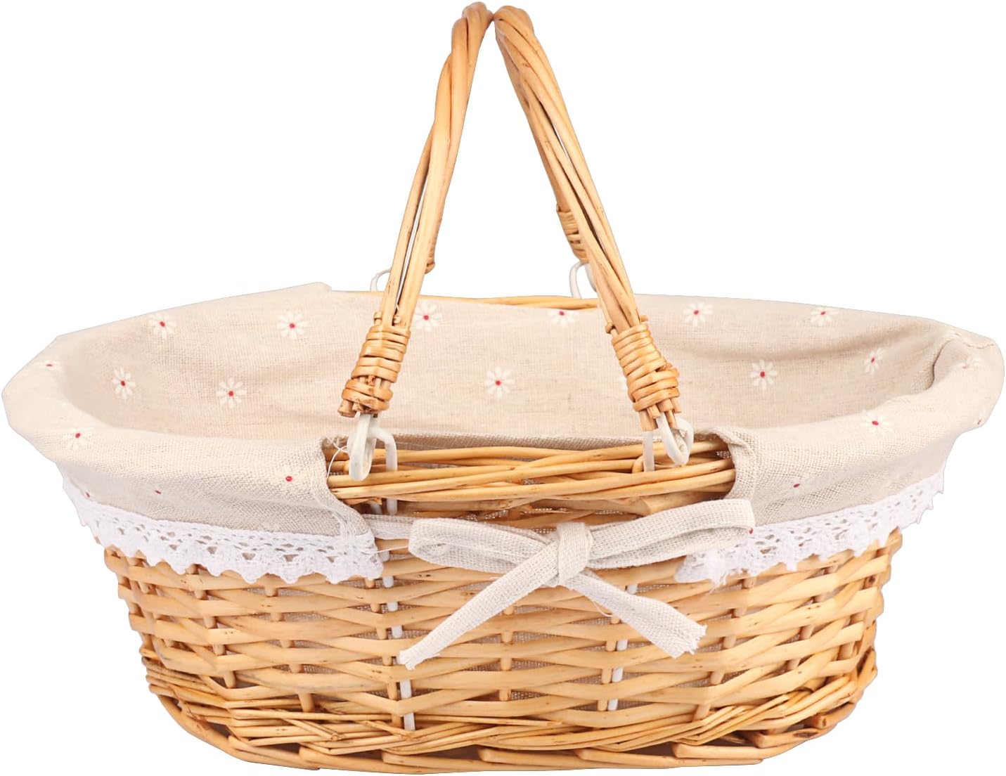 Wicker Basket with Handle, 14.2 x 11 x 6.7 Inch Wicker Picnic Baskets with Liner, Oval Willow Woven Basket for Fruit, Wine, Gathering, Wedding, Picnic,by GNIEMCKIN