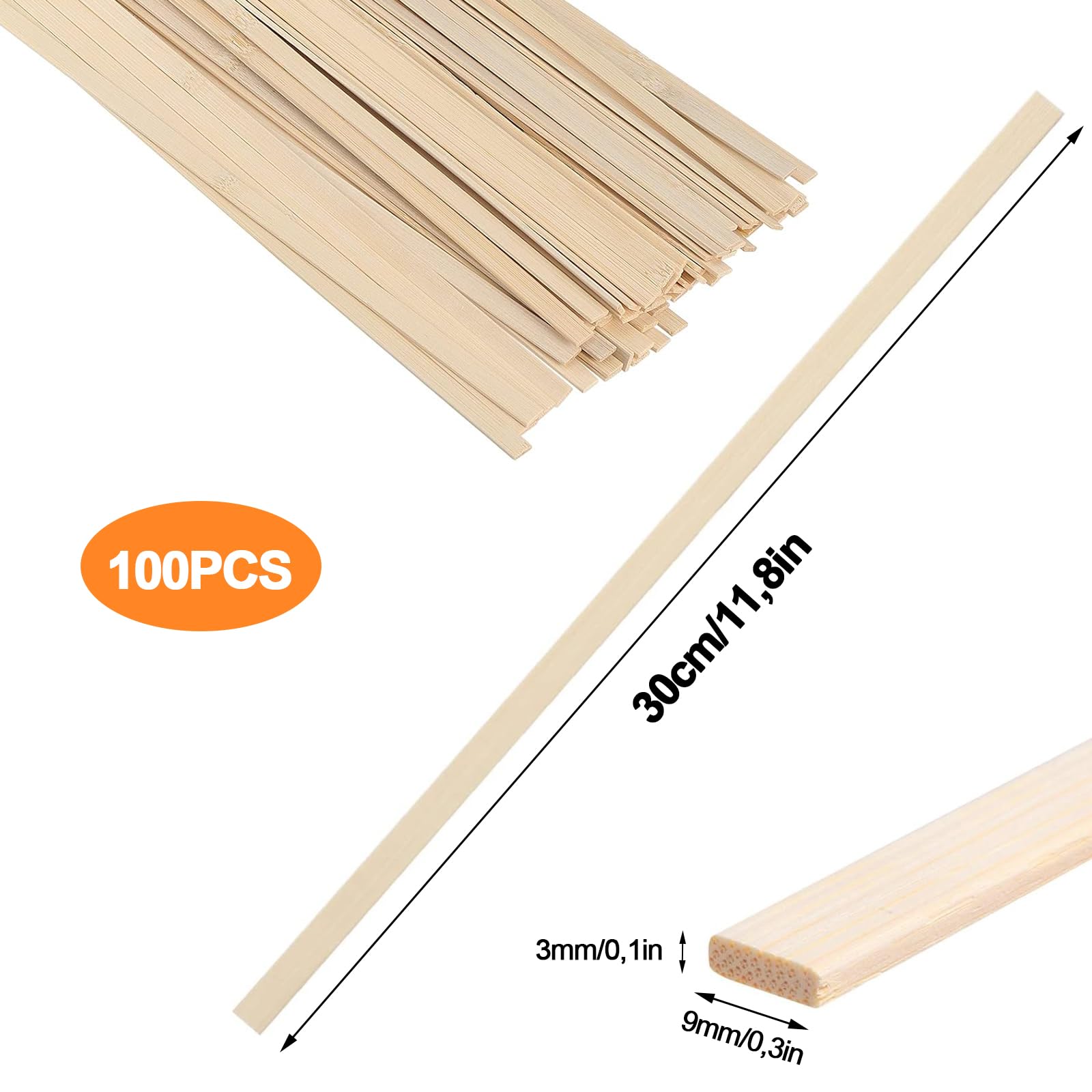 100 bacchette di legno per fai da te, 300 x 9 x 3 mm, bacchette per fai da te, in legno, per fai da te, decorazioni fai da te