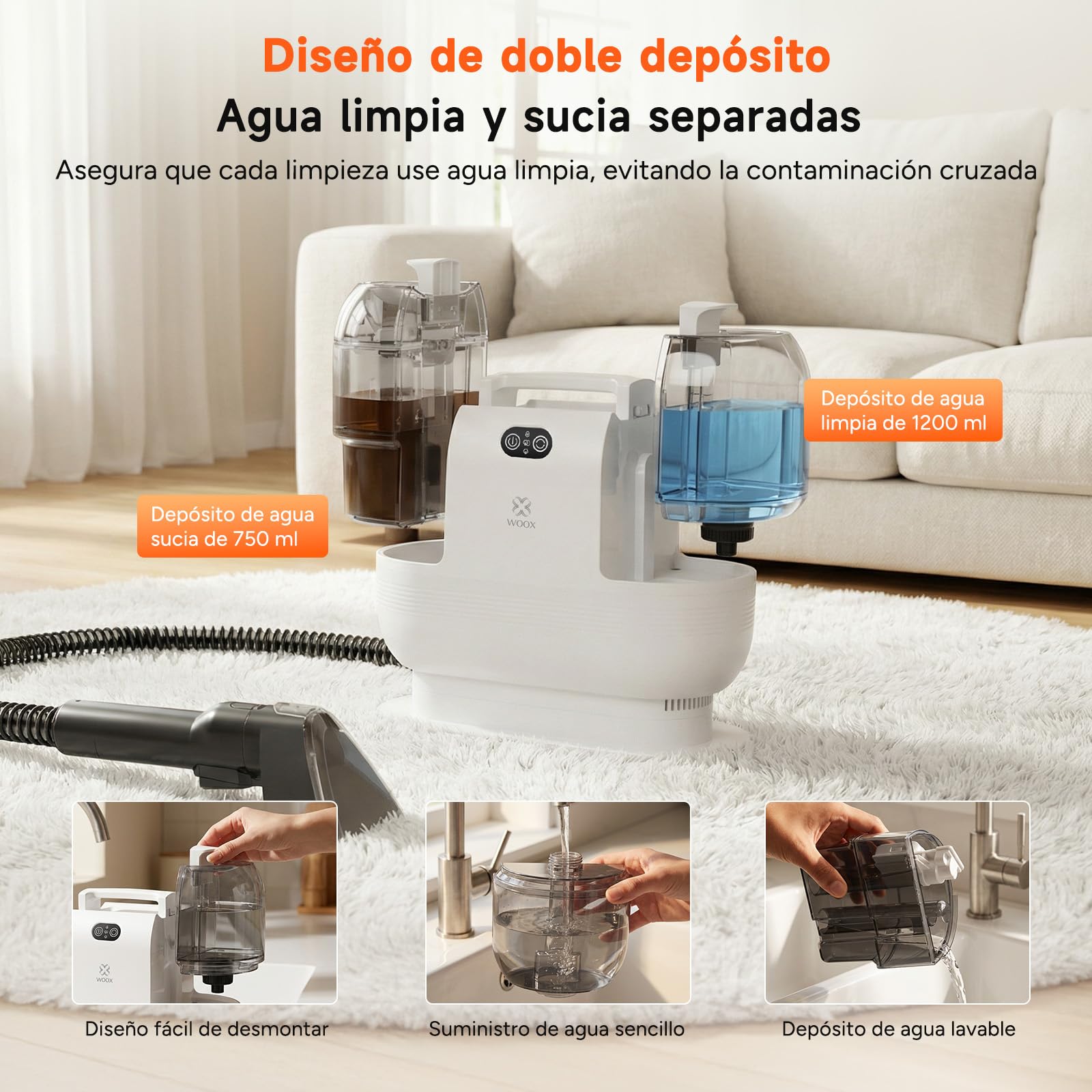 WOOX Lavatappeti e Divani Lava e Asciuga, Lavatappezzeria a Vapore e Espira 15Kpa ad alta potenza con accessori esclusivi Pulitore a vapore 2 in 1 per tessuti, auto, macchie, casa
