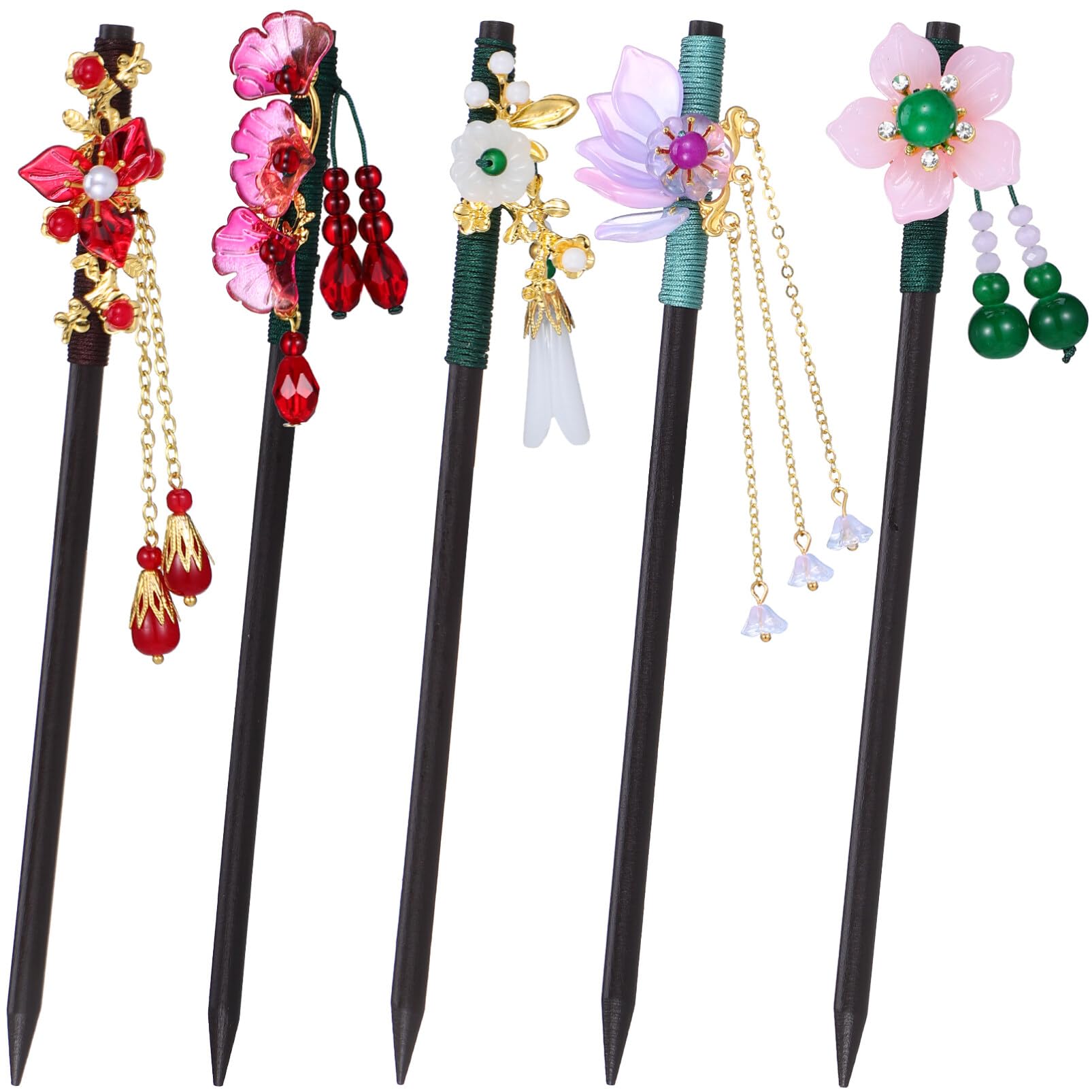 Retro Frisuren Accessoires Beaupretty Chinesische Haarstäbchen Set - 5  Stück Vintage Blumen Haarnadeln Kimono Damen Japanisch, image size:1605x1605