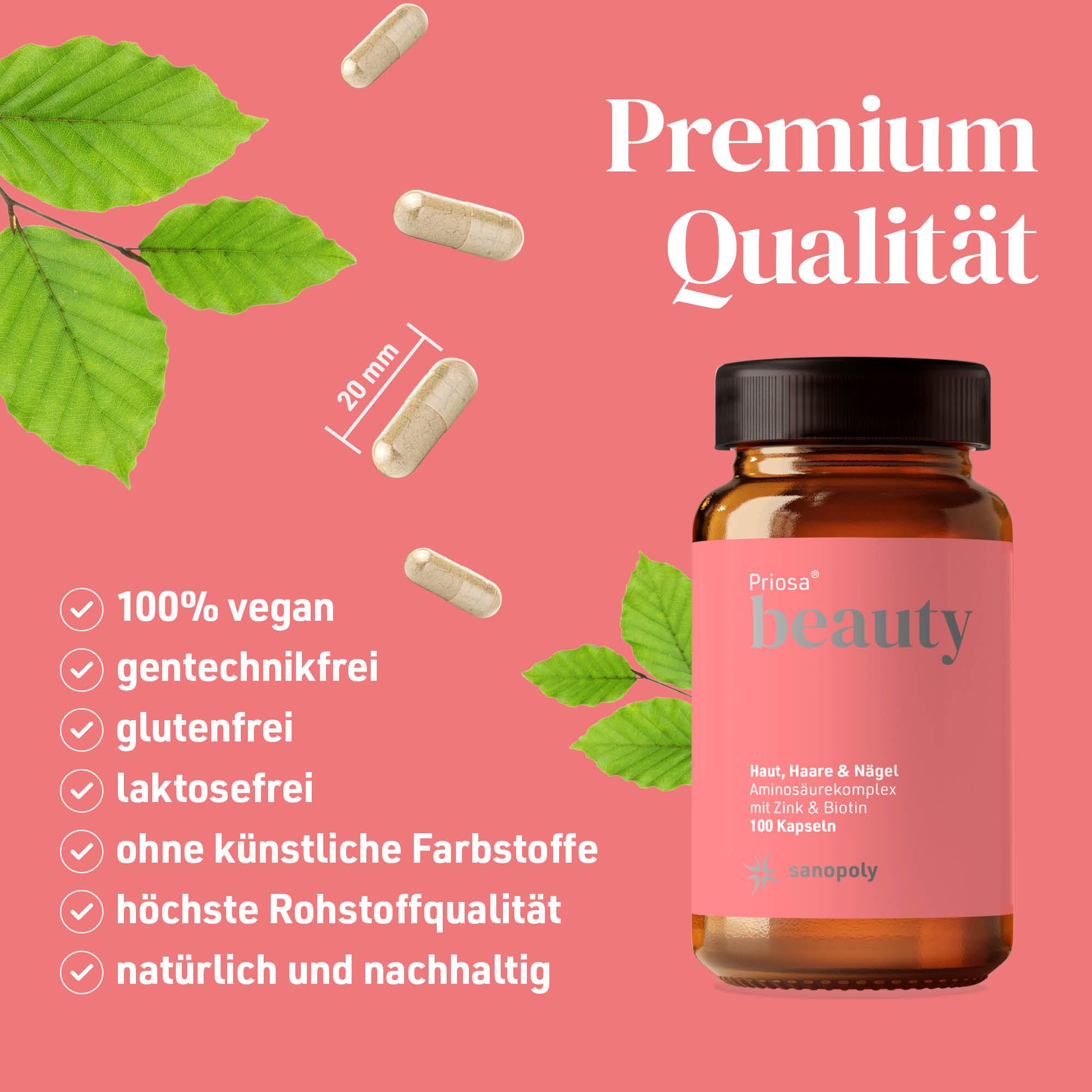 Priosa® BEAUTY 100 Kapseln I Nährstoff-Mix für Haut, Haare, Nägel & Knochen I Biotin, Q10, Zink, Kieselerde, Aminosäuren & Vitamine I Vegan