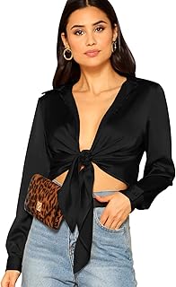 SheIn Women's Long Sleeve Self Tie Knot Front Satin Crop Top Blouse Shirt