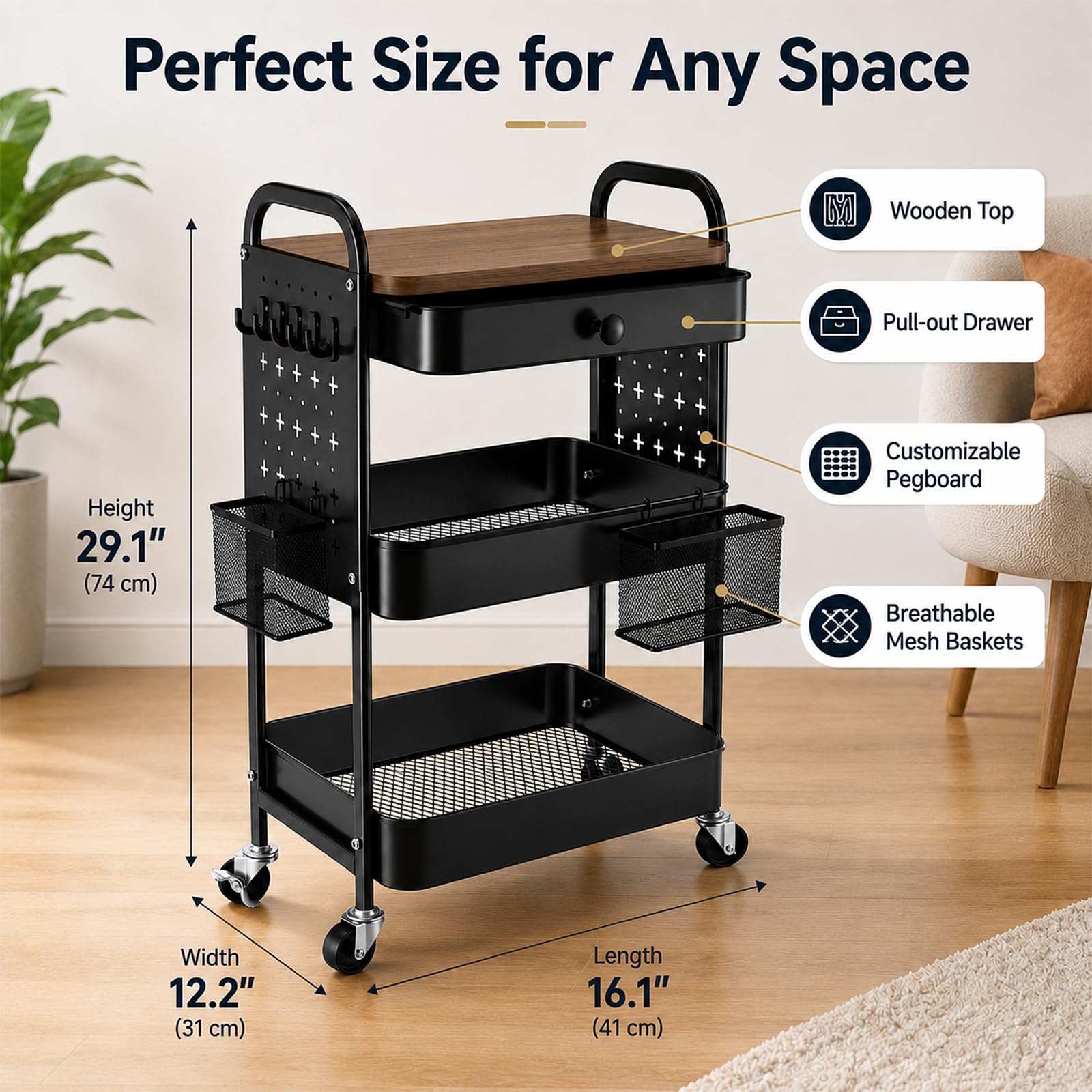 ZONJIE Carrello con cassetto e piano in legno, carrello portaoggetti a 3 livelli in metallo con ruote, pareti forate, cestini e ganci per cucina, bagno, ufficio e sala fai da te, nero
