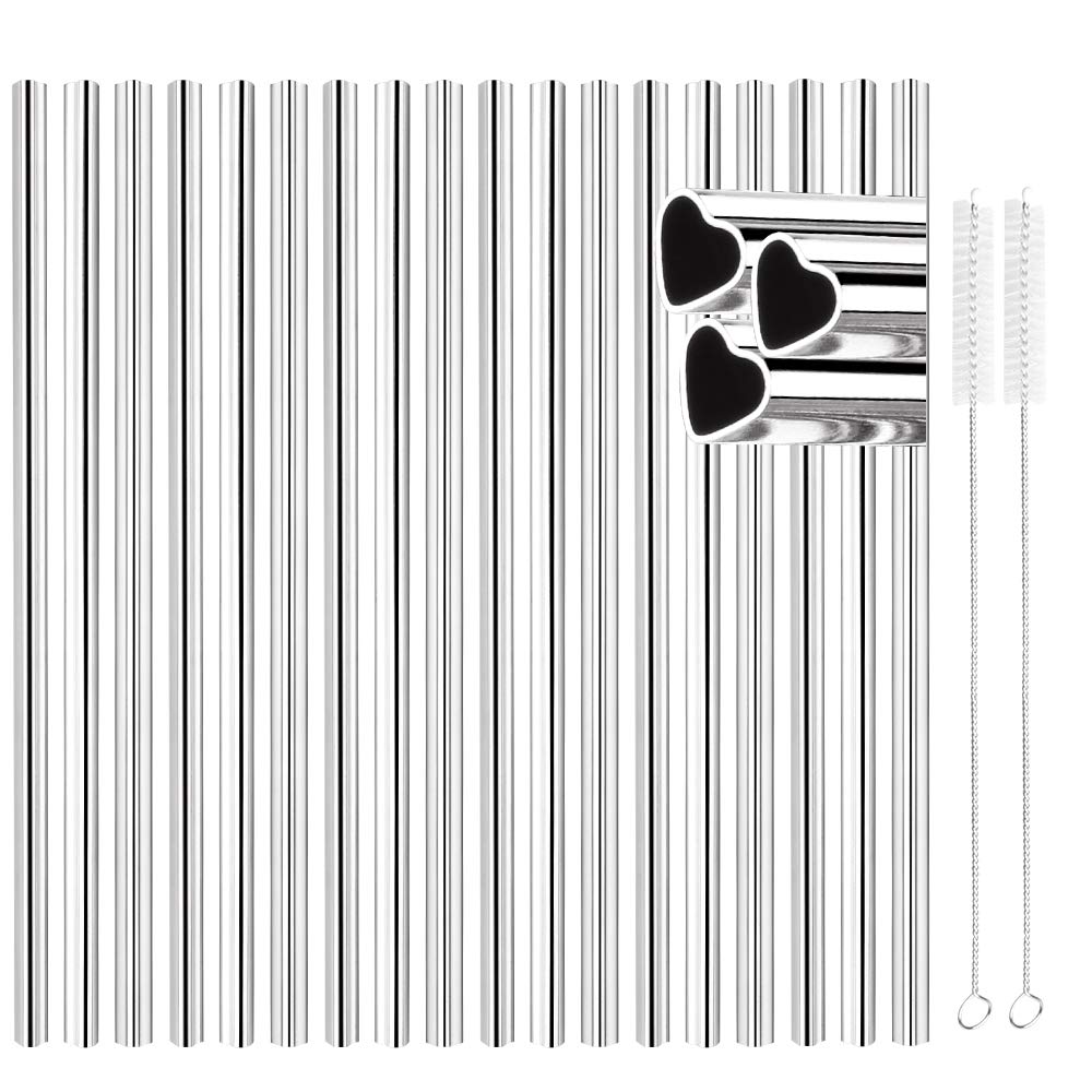 Photo 1 of [18 PCS] New Heart Shape Metal Straws 304 Food Grade Stainless Steel, Tomorotec Bulk Reusable Stainless Steel Straw Set with Cleaning Brushes for Tumblers Beverage Drinks Cocktail (Silver)