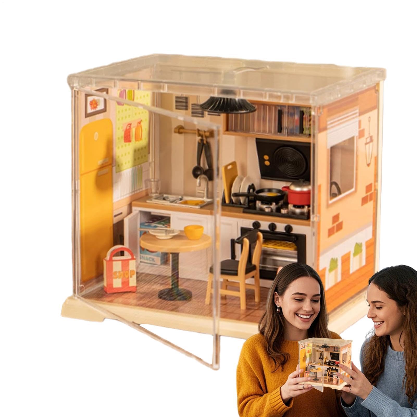Kit de mini casa de café de madera para montar en estantería o escritorio 8