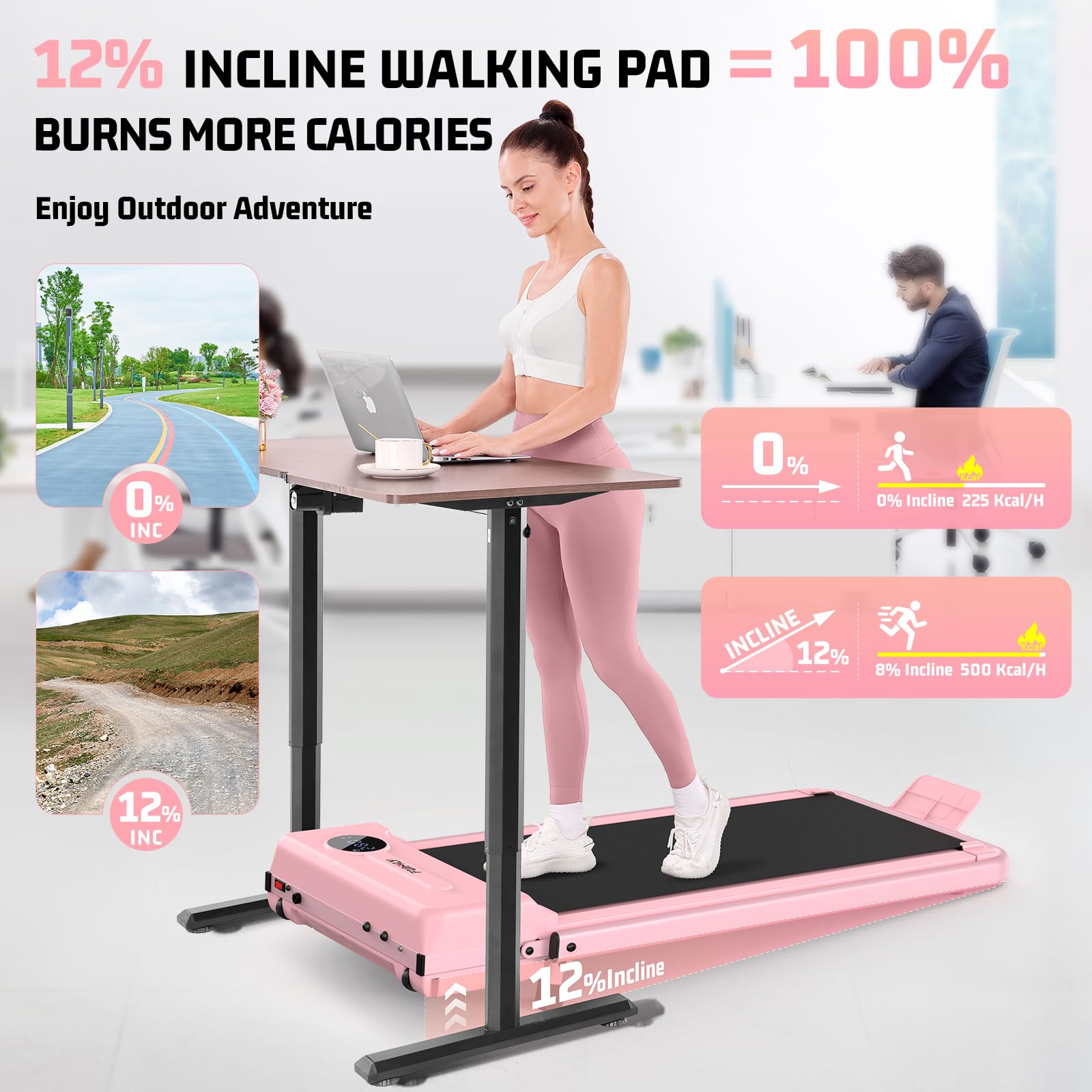 FUNMILY Upgrade Walking Pad Folding Treadmill with 12%/15% & Handle Bar, 3.5HP Foldable Under Desk Compact Treadmills for Home/Office/Gym, 400+lb Capacity, Shock Absorption: Hot Pink