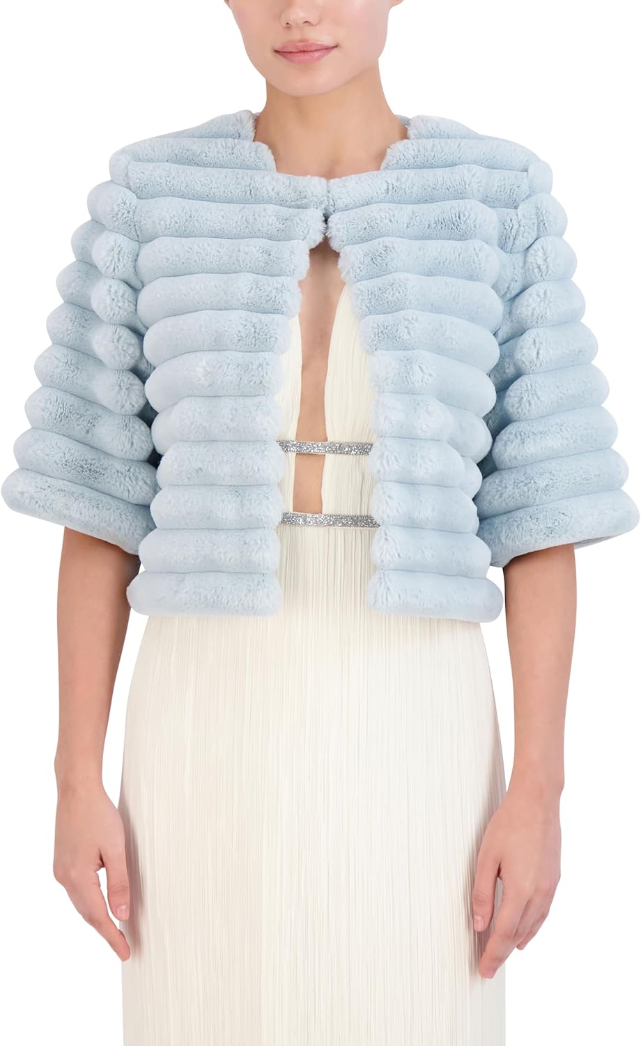 BCBGMAXAZRIA Women's Crew Neck Relaxed Faux Fur Shrug With Elbow Sleeves