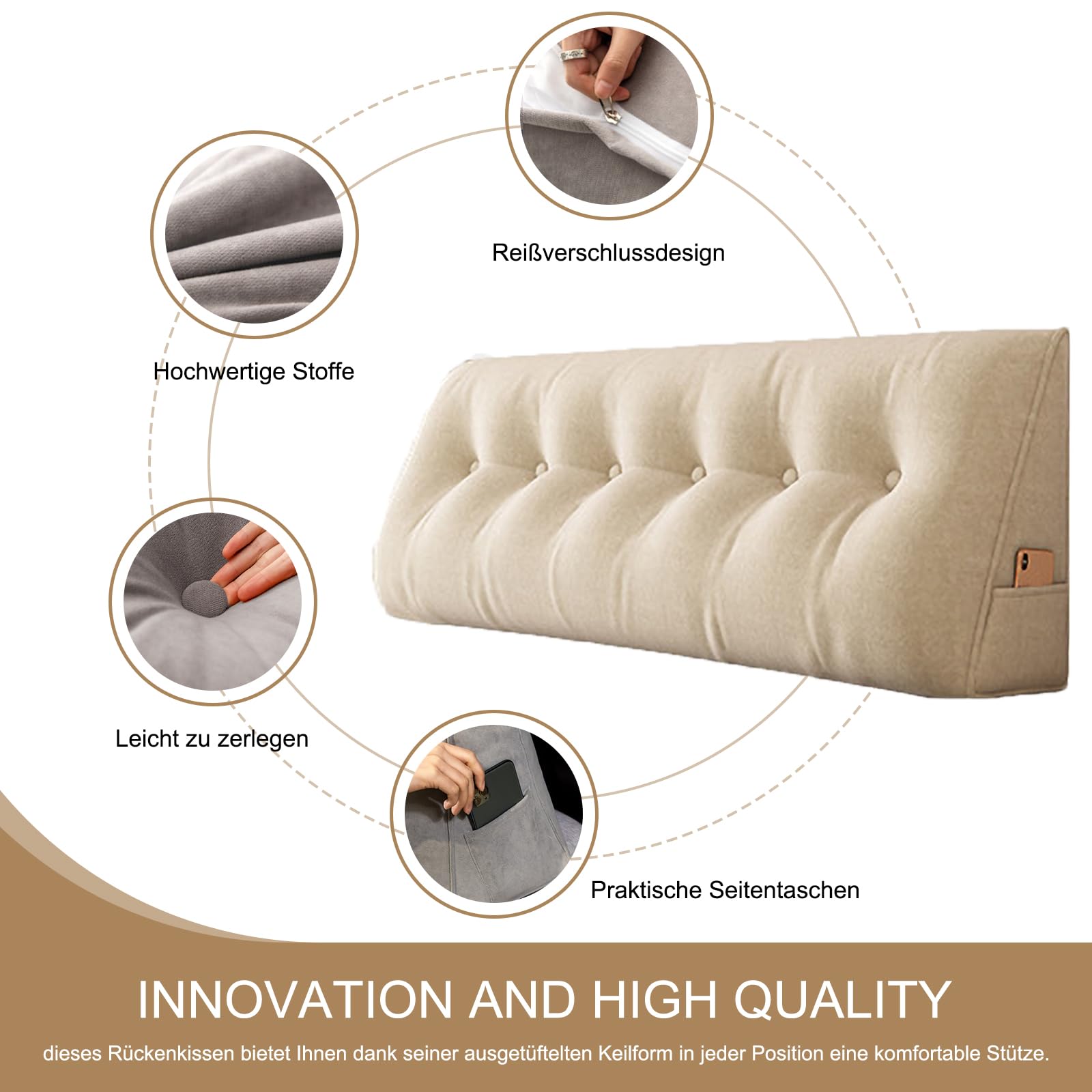 Cuscino da lettura a cuneo, cuscino per schienale, grande cuscino per divano o schienale letto, grande, triangolare, supporto lombare, beige, albicocca, 60 x 50 x 20 cm