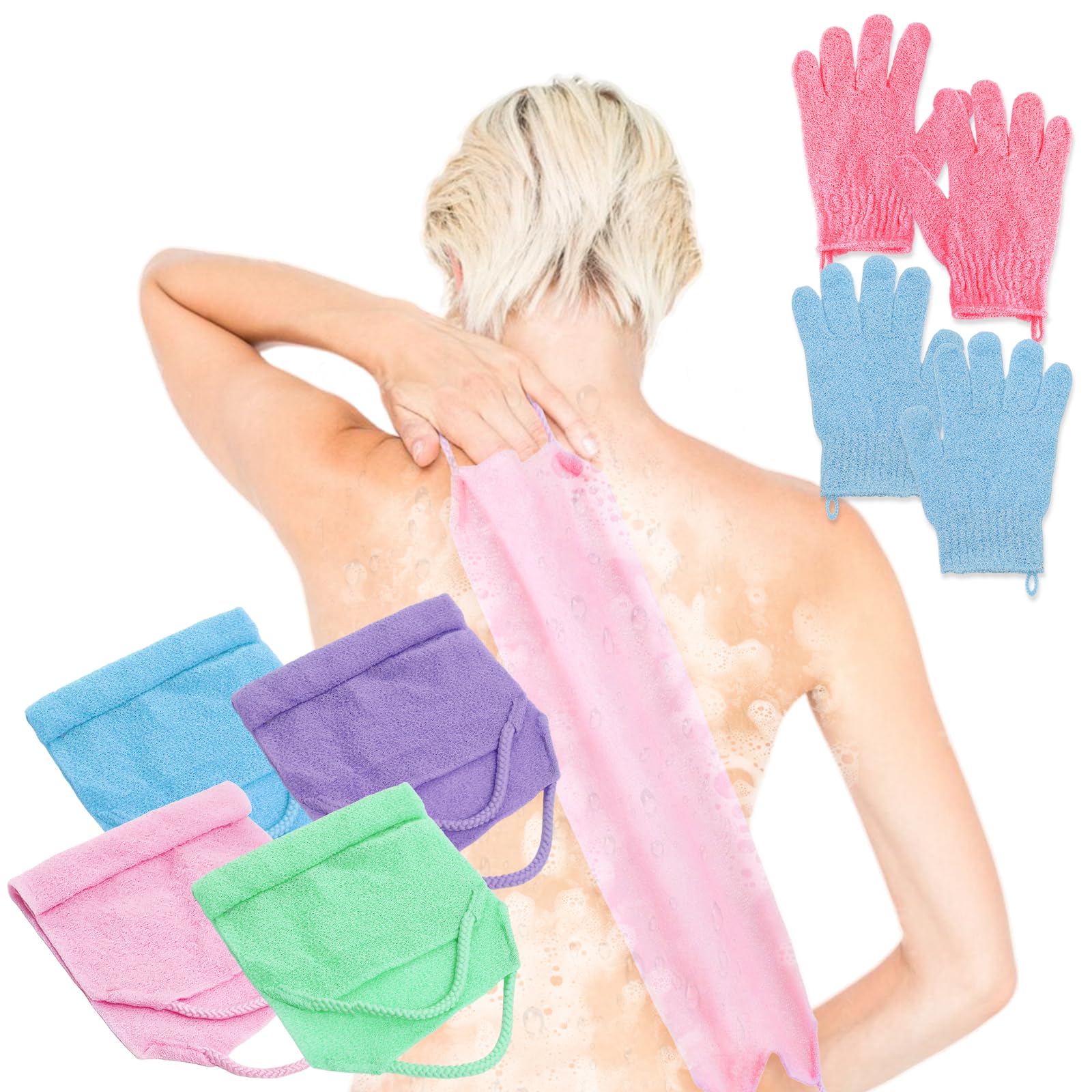 4Pcs Exfoliating Back Scrubber with Handle and 2 Pairs Shower Bath Gloves Bath Set for Shower Bath Exfoliator Stretchable Skin Massages Back Scrubber