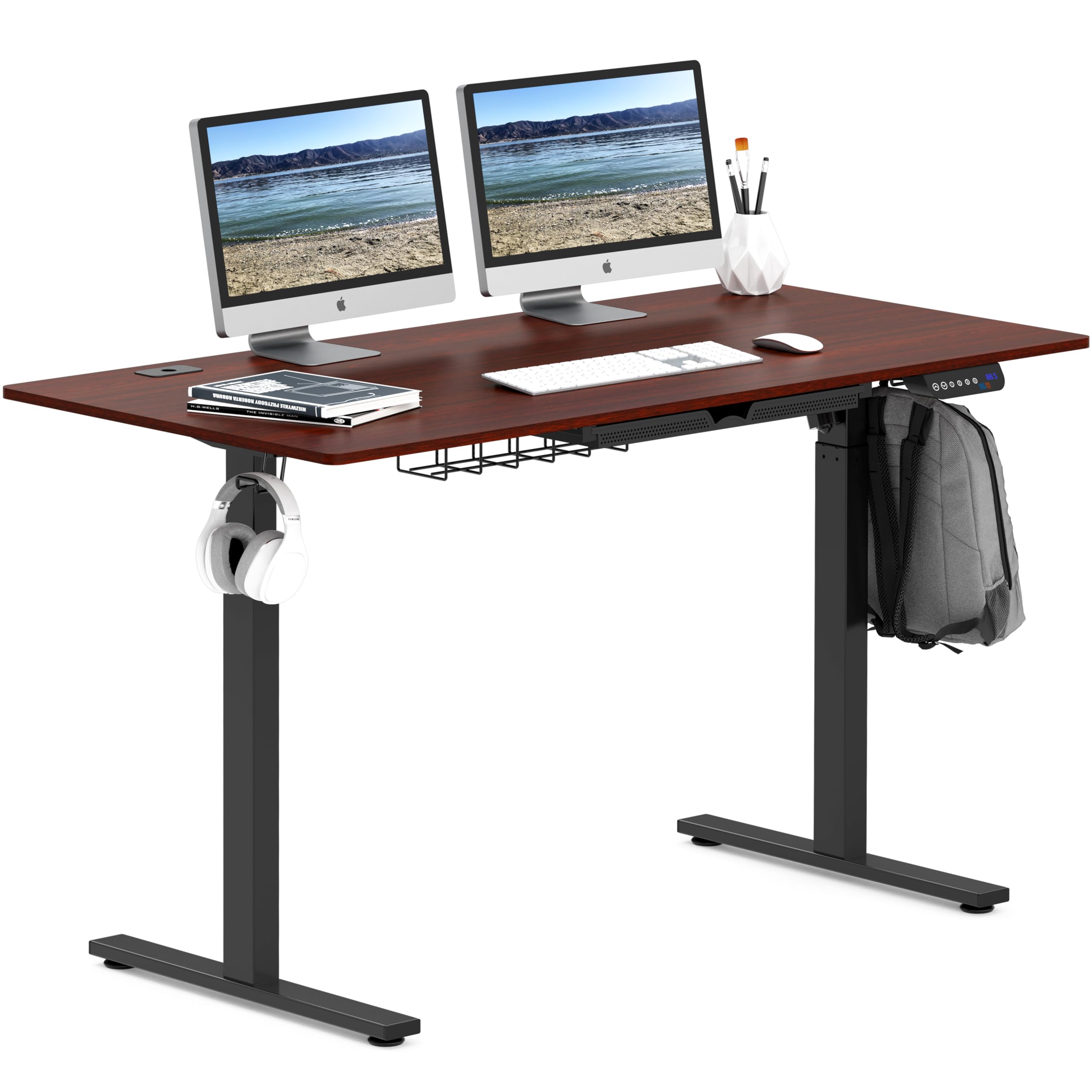 SHW 55-Inch Large Electric Height Adjustable Standing Desk, 55 x 28 Inches, Cherry