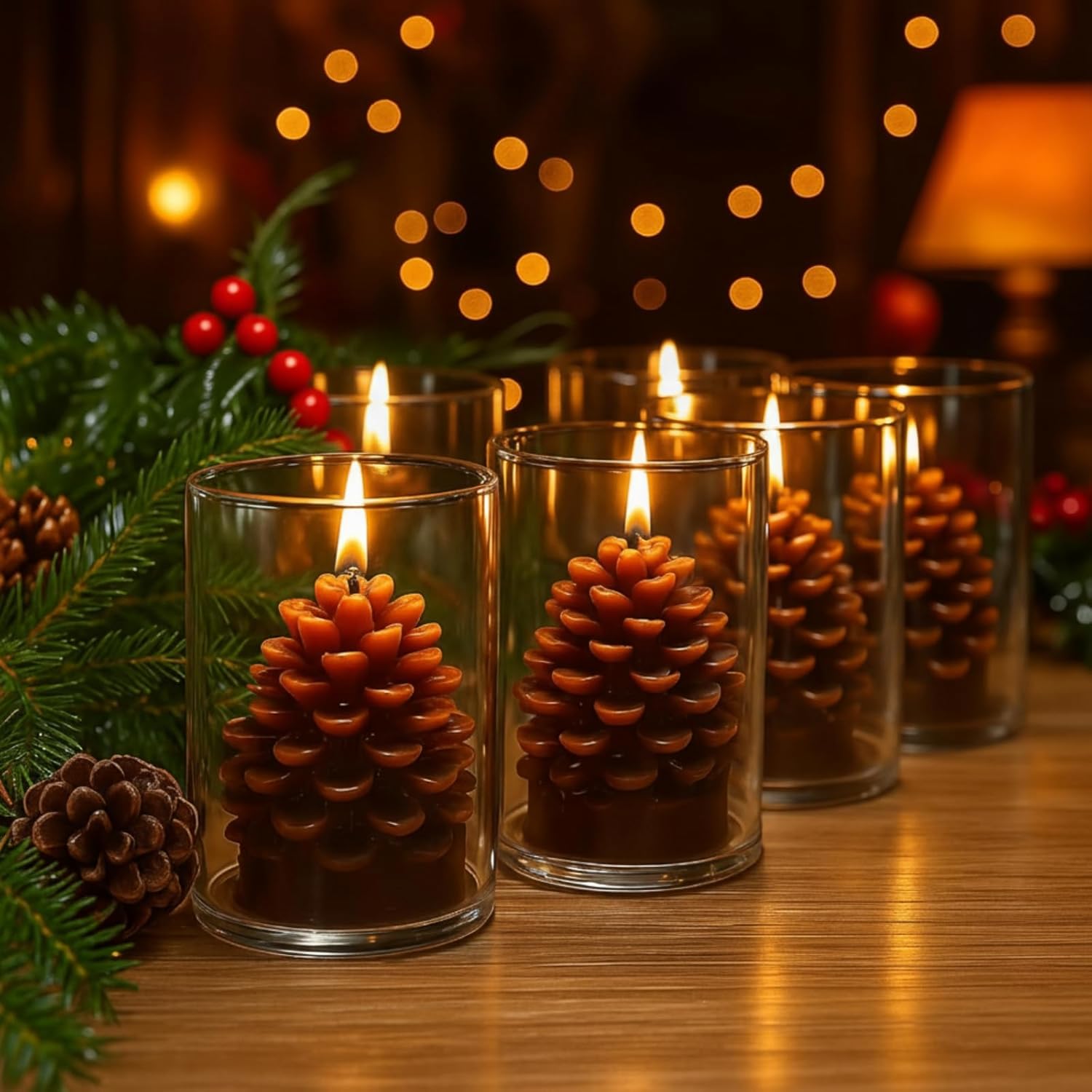 Riakrum 6 Set Christmas Pine Cone Candles Acorn Decor with Straight Glass Container Real Wax Unscented Candle for Thanksgiving Christmas Winter Holiday Decoration