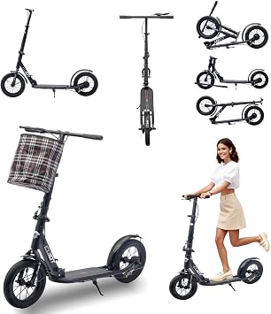 Adult Commuter Kick Scooter, Foldable Big Wheel Scooter with Adjustable Height Handlebar, Rear Drum Brake, High Carbon Steel Frame, Max Load 220 LBS for Kids, Teens and Adults