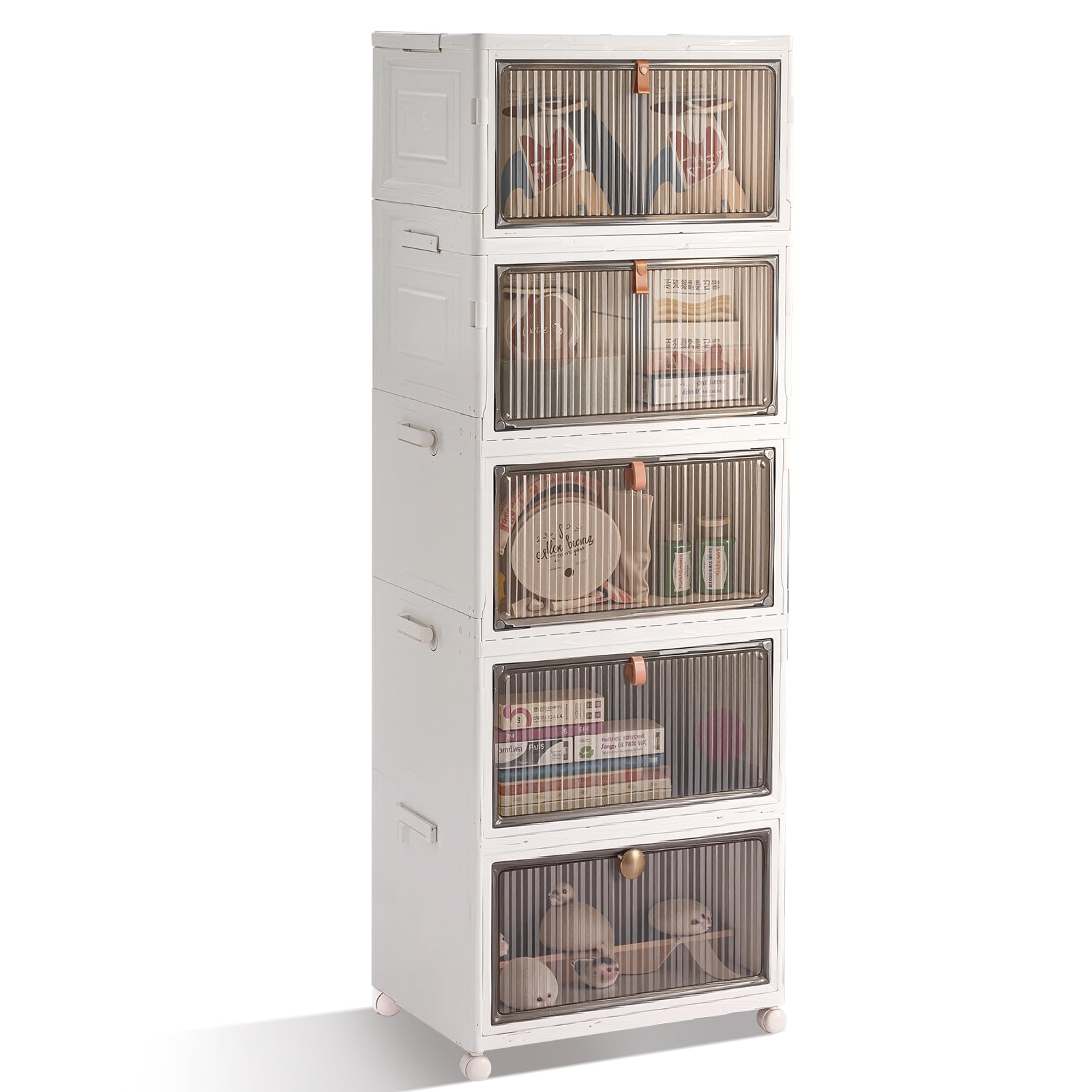 BTGGG 5 Tier Plastic Storage Boxes with Lid, 22L*5 Stackable Storage Boxes on Wheels, Foldable Plastic Drawers on Wheels Collapsible Baskets Containers for Living Room Bedroom Organisation
