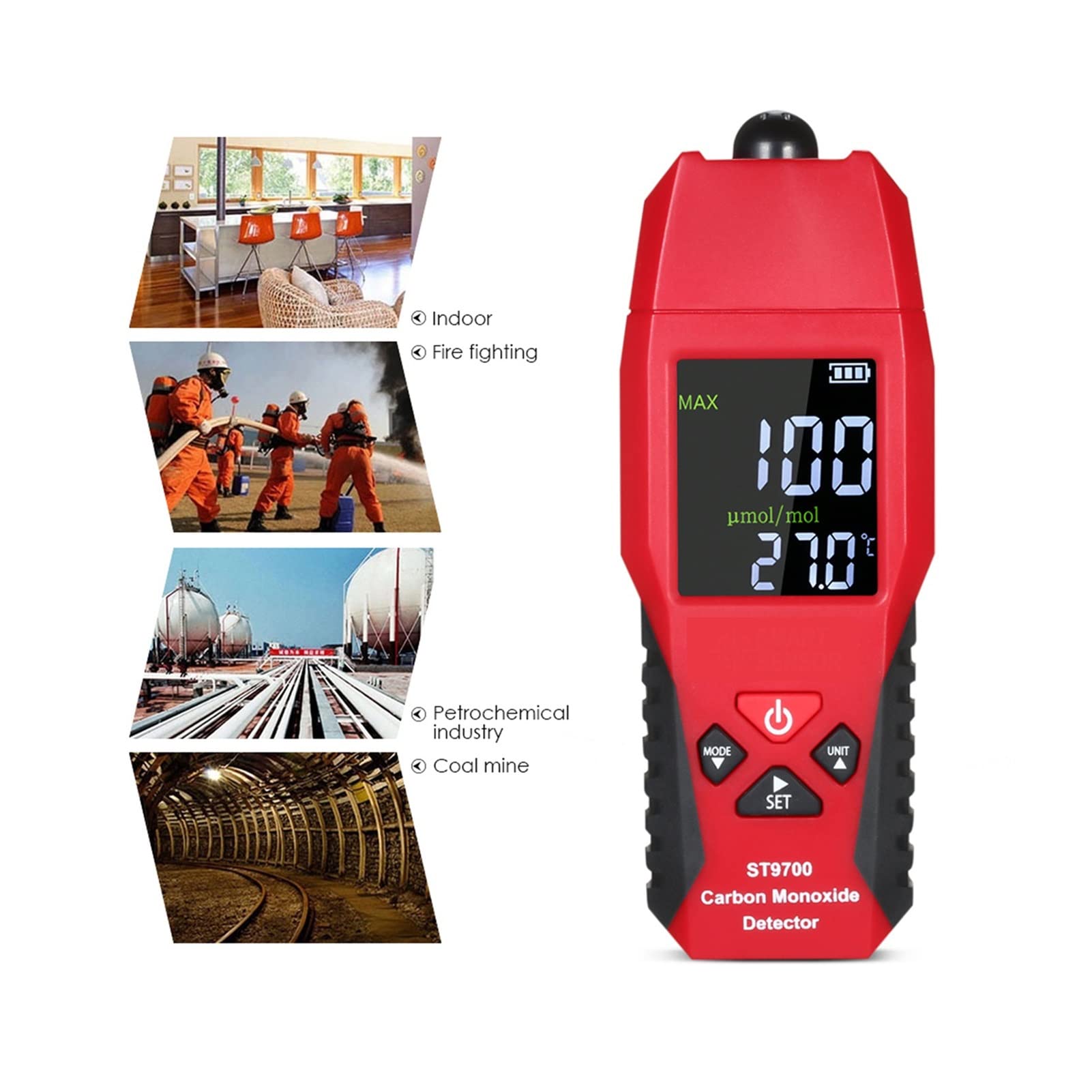 probador de calidad del aire, 2 en 1 CO Detector de gas medidor de temperatura Monóxido de carbono analizador de calidad de aire Monitor de control de gas Analizadores de fugas de gas Lcd Pantalla a c