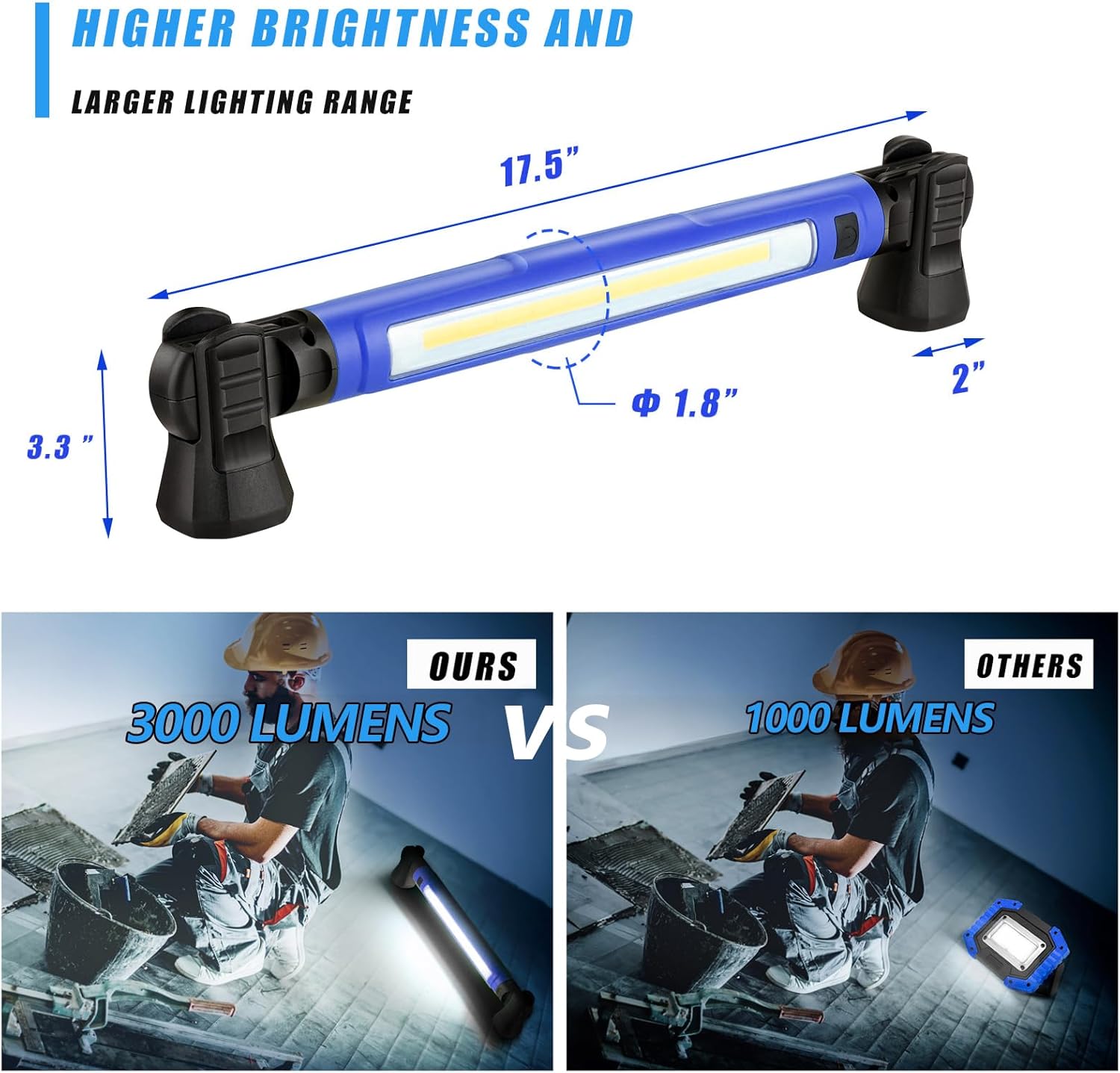 LED Work Light, 3000LM 5200mAh Rechargeable Magnetic Underhood IP54 Waterproof Cordless Work Light Bar with Hooks & USB Power Output, Battery Powered Light for Mechanics/Workshop/Emergency