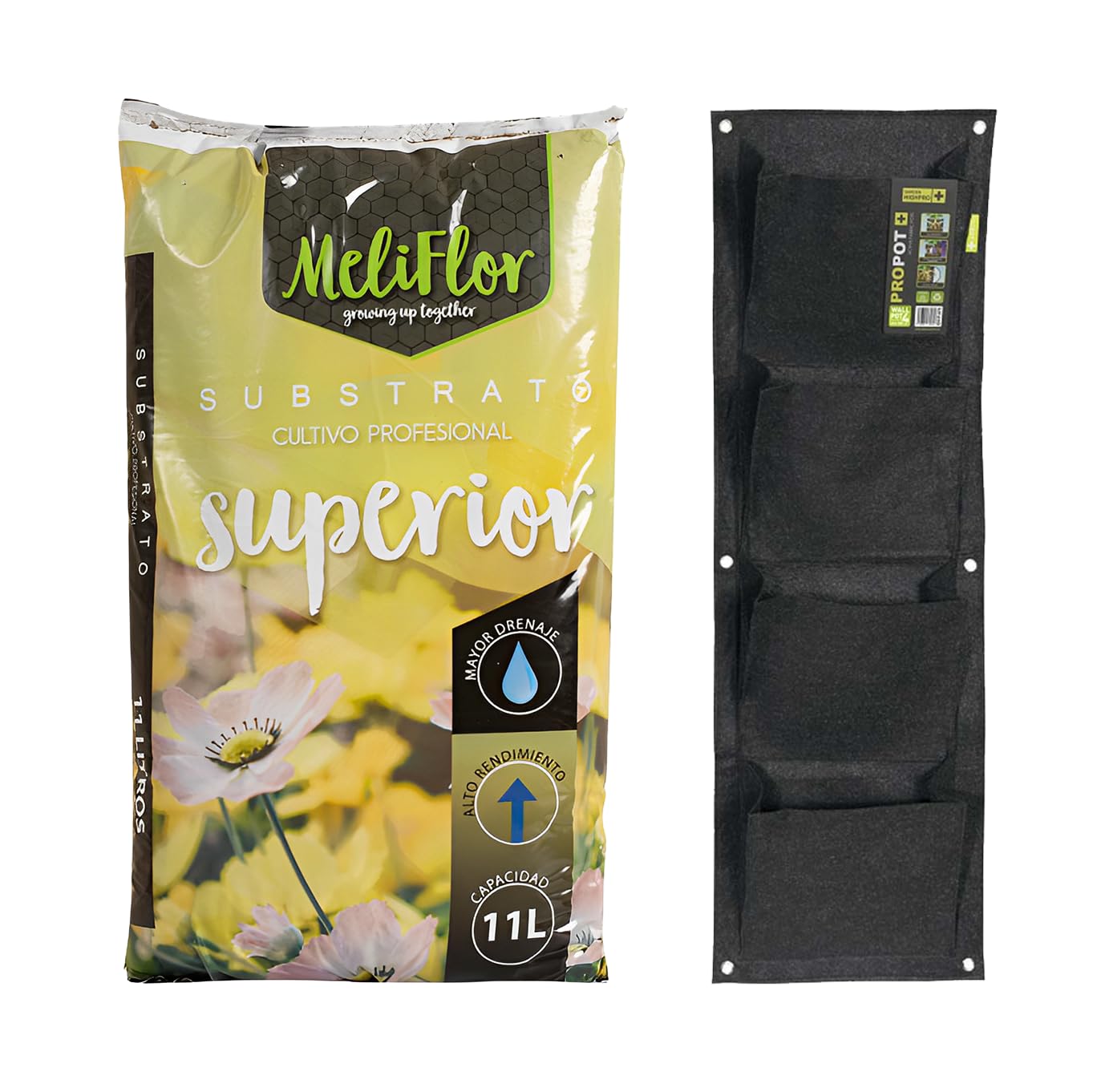 Substrat supérieur 70 L + Jardinière géotextile Murale à 8 Trous