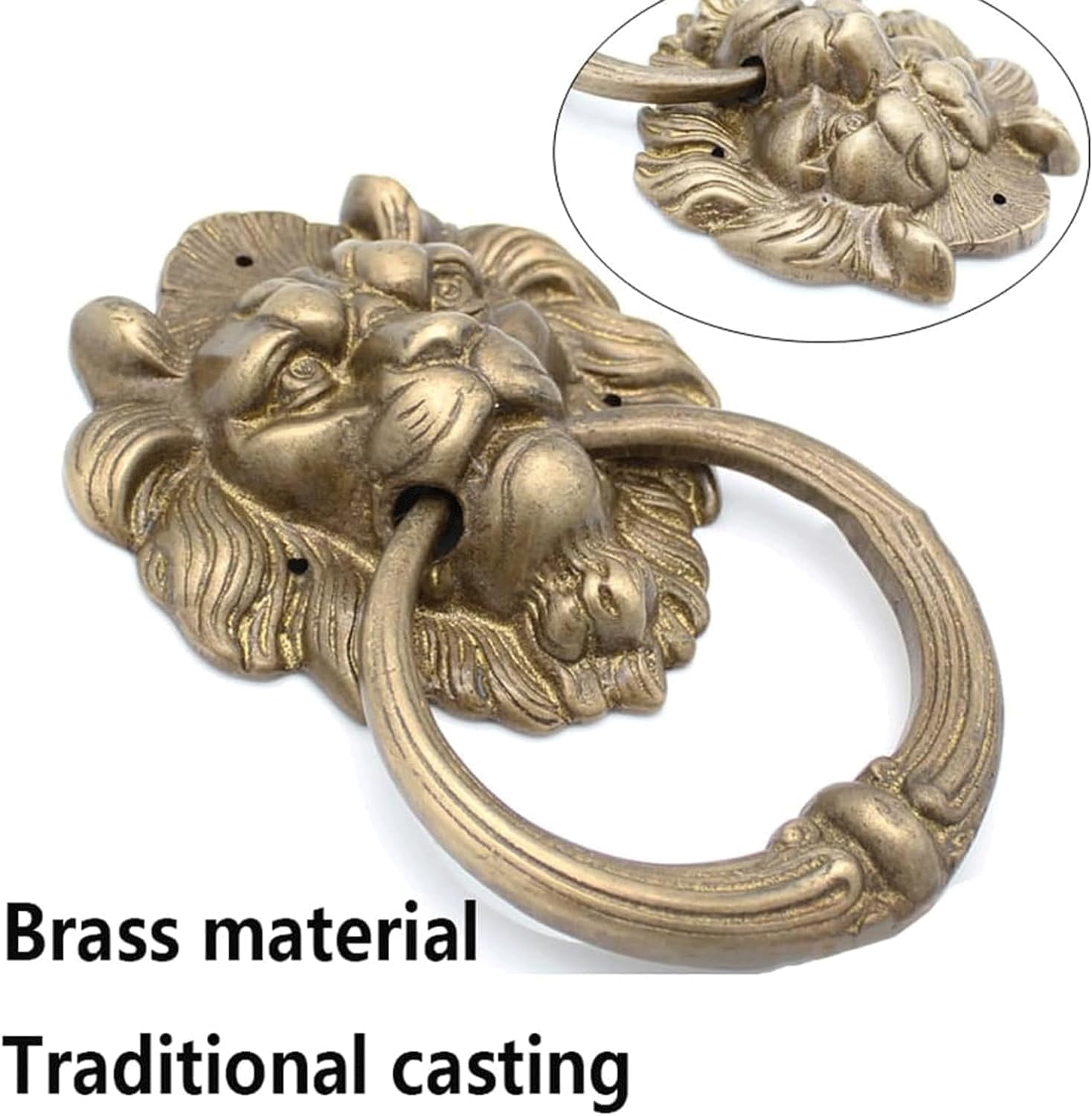 TIST Iron Door Knocker Front Door Vintage Brass Casting Lion Head Classical Door Handle Villa Courtyard Ring Knocker Surface-Mounted Installation(B)