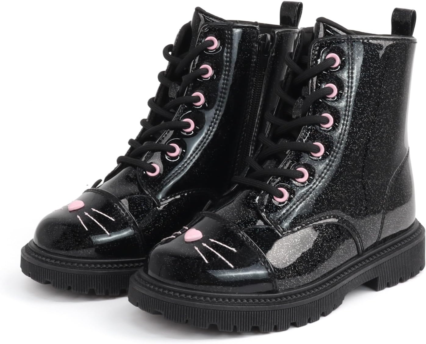 Girls Glitter Cat Face Ankle Boots Toddler Kids Lace Up Side Zipper Waterproof Style Boot Non-Slip Rubber Sole Cute Dress Boots for Little Big Kids