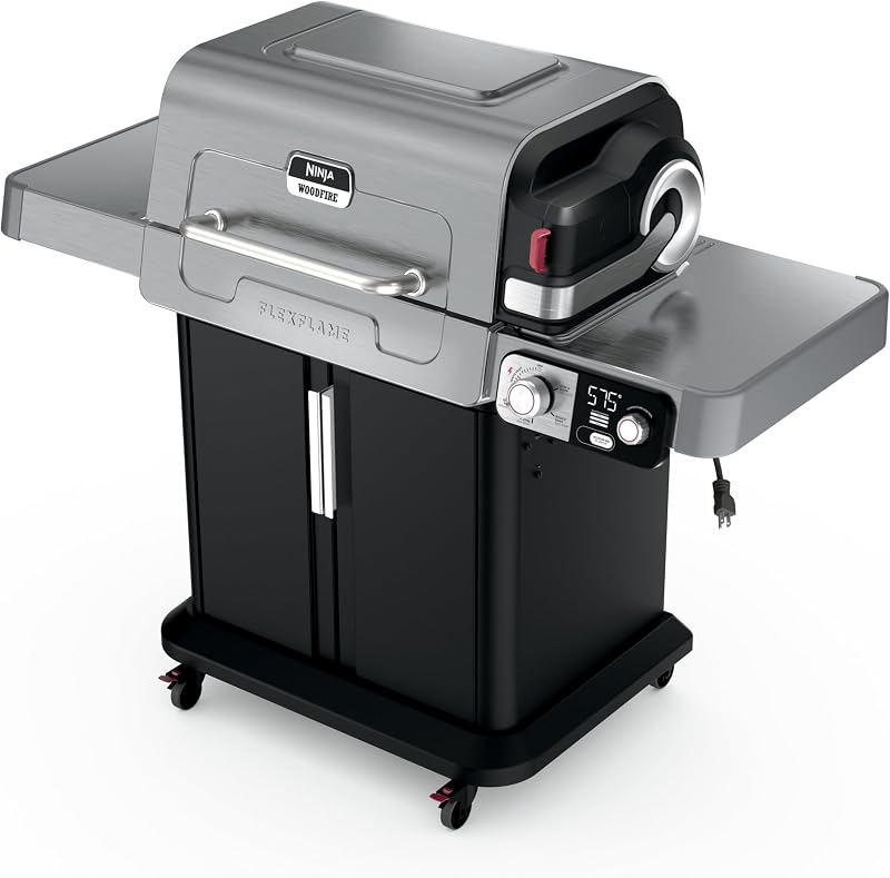 Parrilla y ahumador Ninja FlexFlame, eléctrico y propano, 5 en 1, acero, PG301 | Ninja FlexFlame es una parrilla, ahumador y plancha 5 en 1 con control preciso de 200 a 600 °F, con capacidad para 3 pollos o 4 costillas