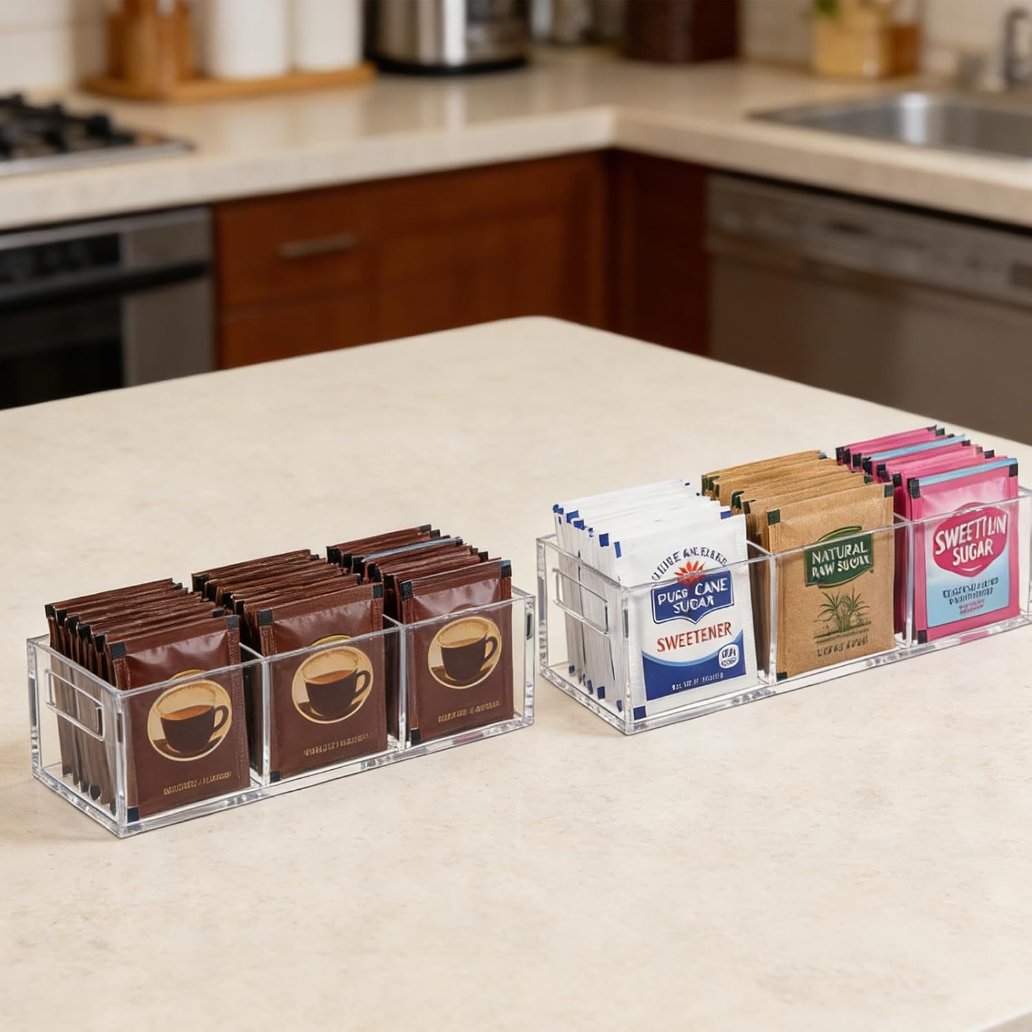 2Pcak Sugar Packet Holder,3 Compartment Tea Bag Organizer with Handles, Plastic Small Sugar Caddy Dispenser for Coffee Bar,Drink Packet &Condiments Organizer(Clear)