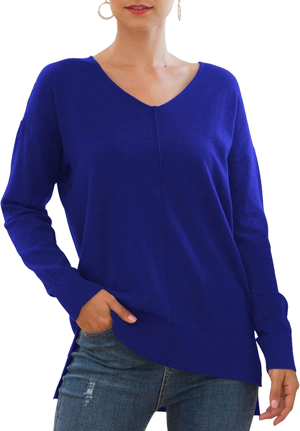 Jouica Women's Casual Lightweight V Neck Batwing Sleeve Knit Top Loose Pullover Sweater