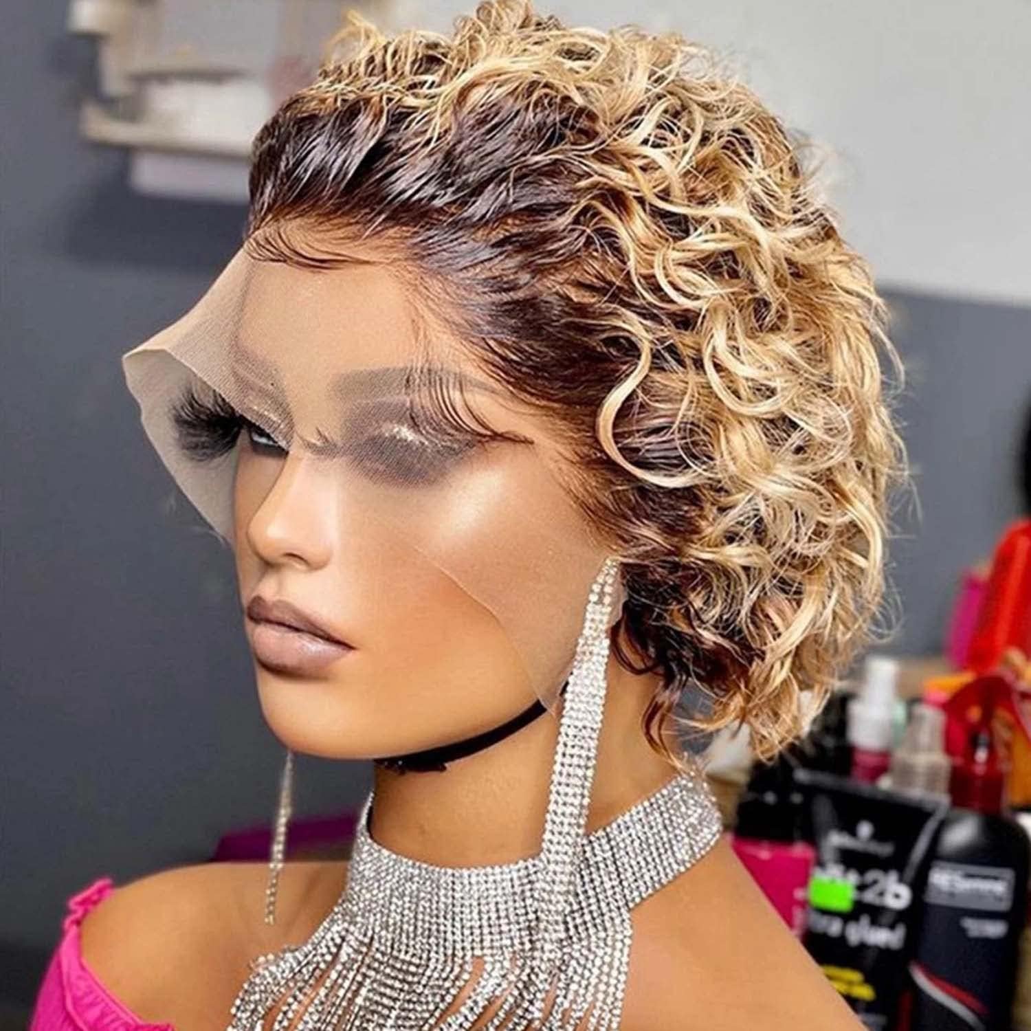 INSTASTYLE Ombre Blonde Pixie Cut Lace Front Wigs 6 inch Human Hair 13X1 Pixie Cut Short Curly Wigs HD Lace Front Wigs Plucked Pixie Curly Wigs for Black Women (6 Inch, 1B/27#)