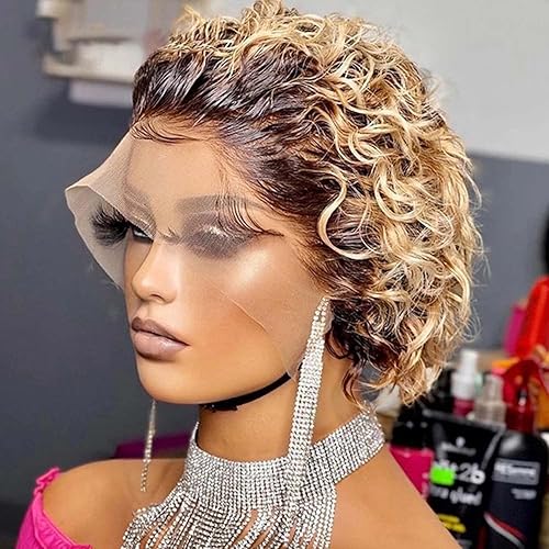INSTASTYLE Peluca con diadema de cabello humano rubio degradado, corto, rizado, corte pixie para mujeres negras, media peluca, densidad del 150%, 6