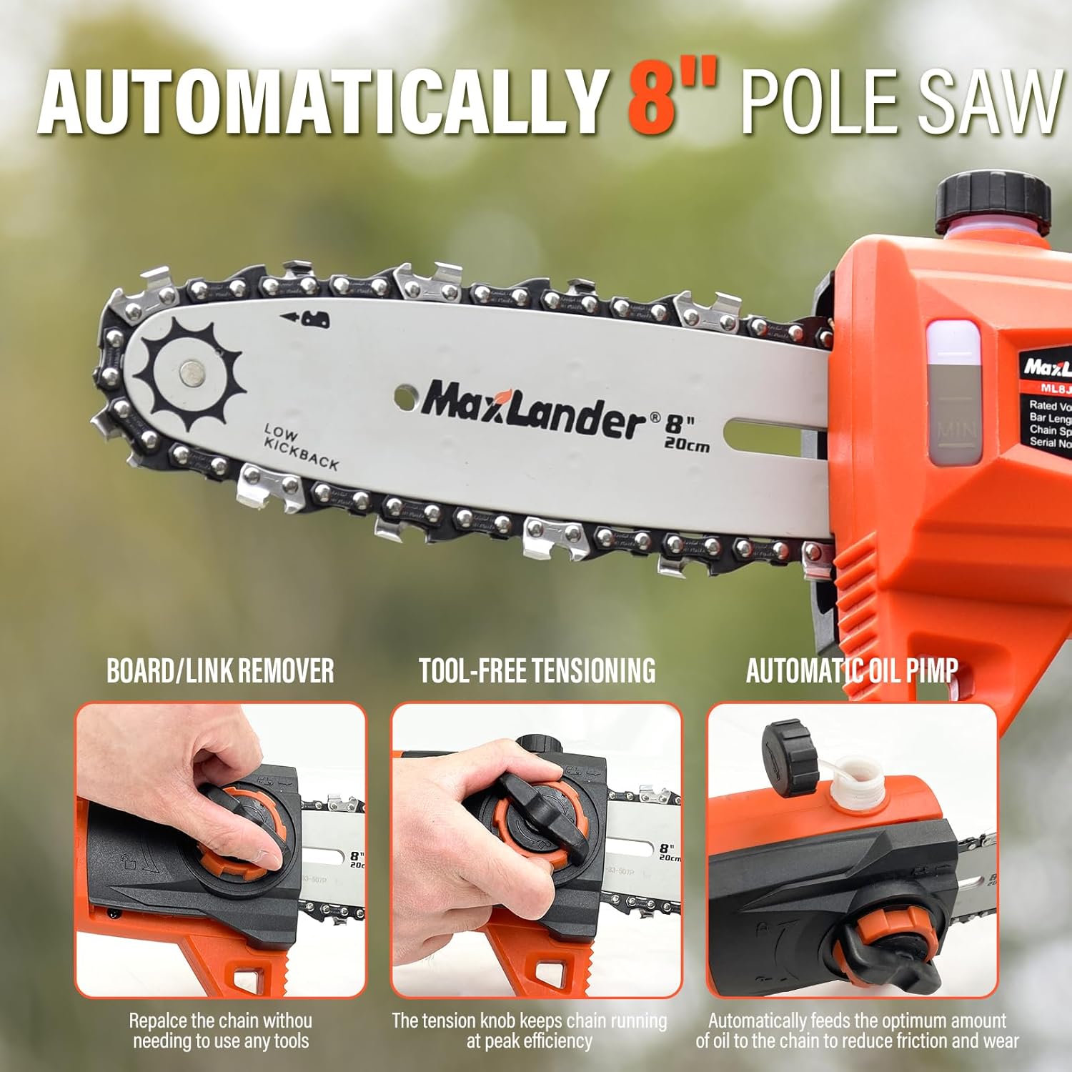 8 Inch Cordless Pole Saws, 20V Electric Pole Saw for Tree Trimming with 2 x 3.0Ah Battery & Charger, 16ft/s Cutting Speed Auto Oiling Multi-Angle Pole Chainsaw,15-Feet Maximum Adjustable Reach