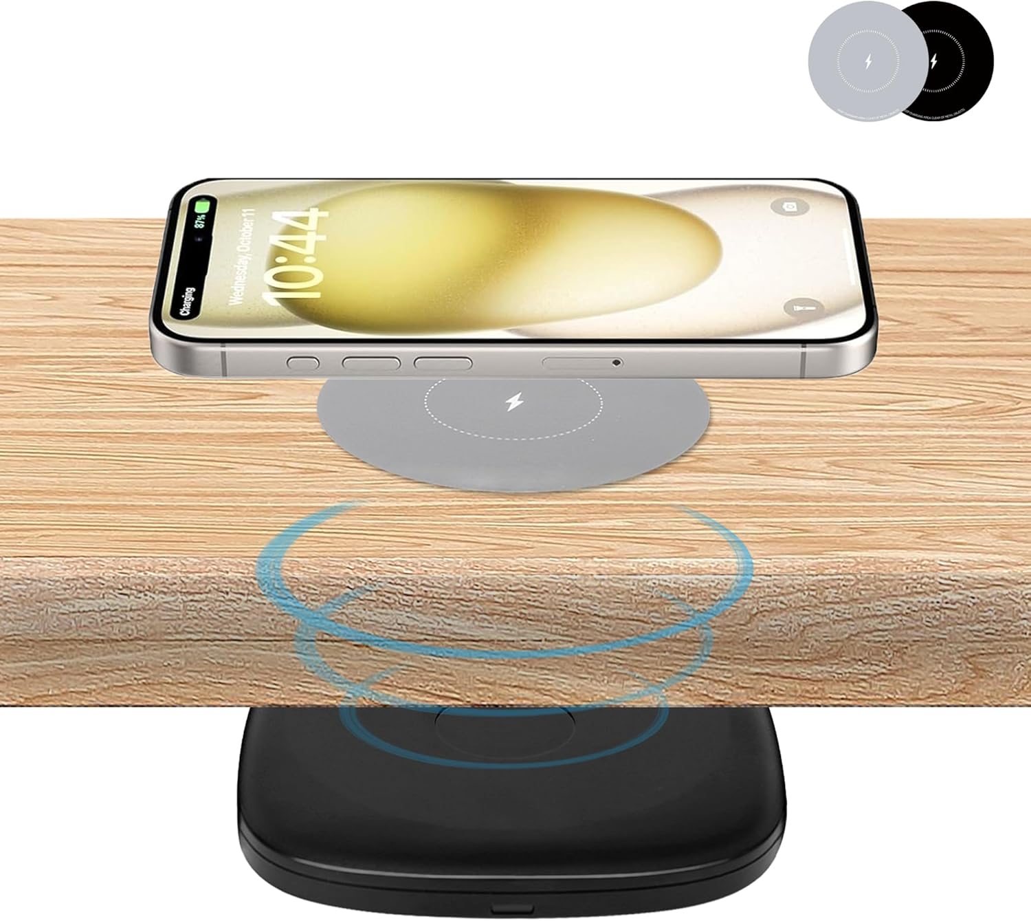 2-inch (50mm) NiiTTER Invisible Wireless Charger, Under Desk Wireless Charger, Hidden Charging Station for iPhone 17/16/15/14/13/12/Wireless Phones(Adapter Included)