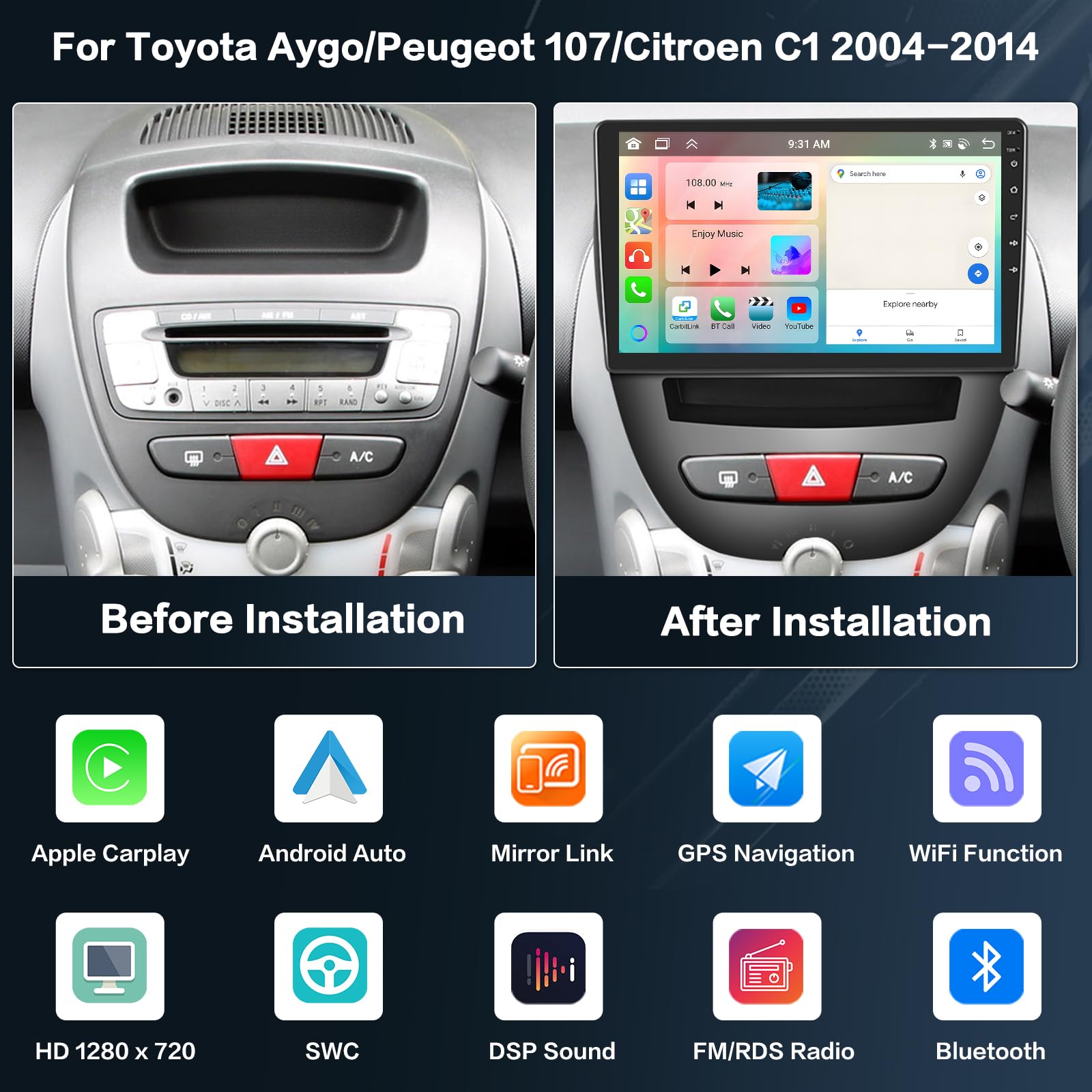 Inefala 8 Cœurs 4+64G Radio Android 15 pour Toyota Aygo/Peugeot 107/Citroen C1 2004-2014, Écran Tactile HD de 10,1 '' avec CarPlay sans Fil et Android Auto, Navigation GPS, Caméra Arrière AHD, FM/RDS