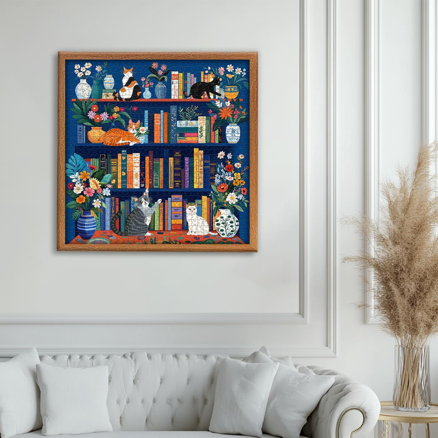 Cat Book Puzzles for Adults 1000 Pieces, PICKFORU Wildflower Pages Jigsaw Puzzle Bookshelf Library, Impossible Hard Floral Vase Theme for Book Lover